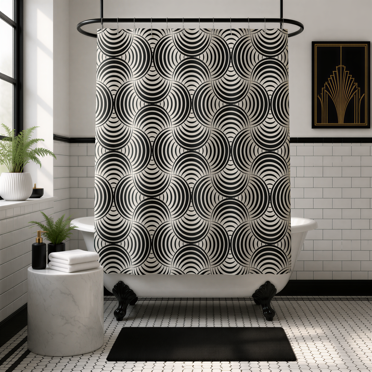 a modern bathroom with a black and white geometric patterned shower curtain, a white bathtub, and a black and white tiled floor.