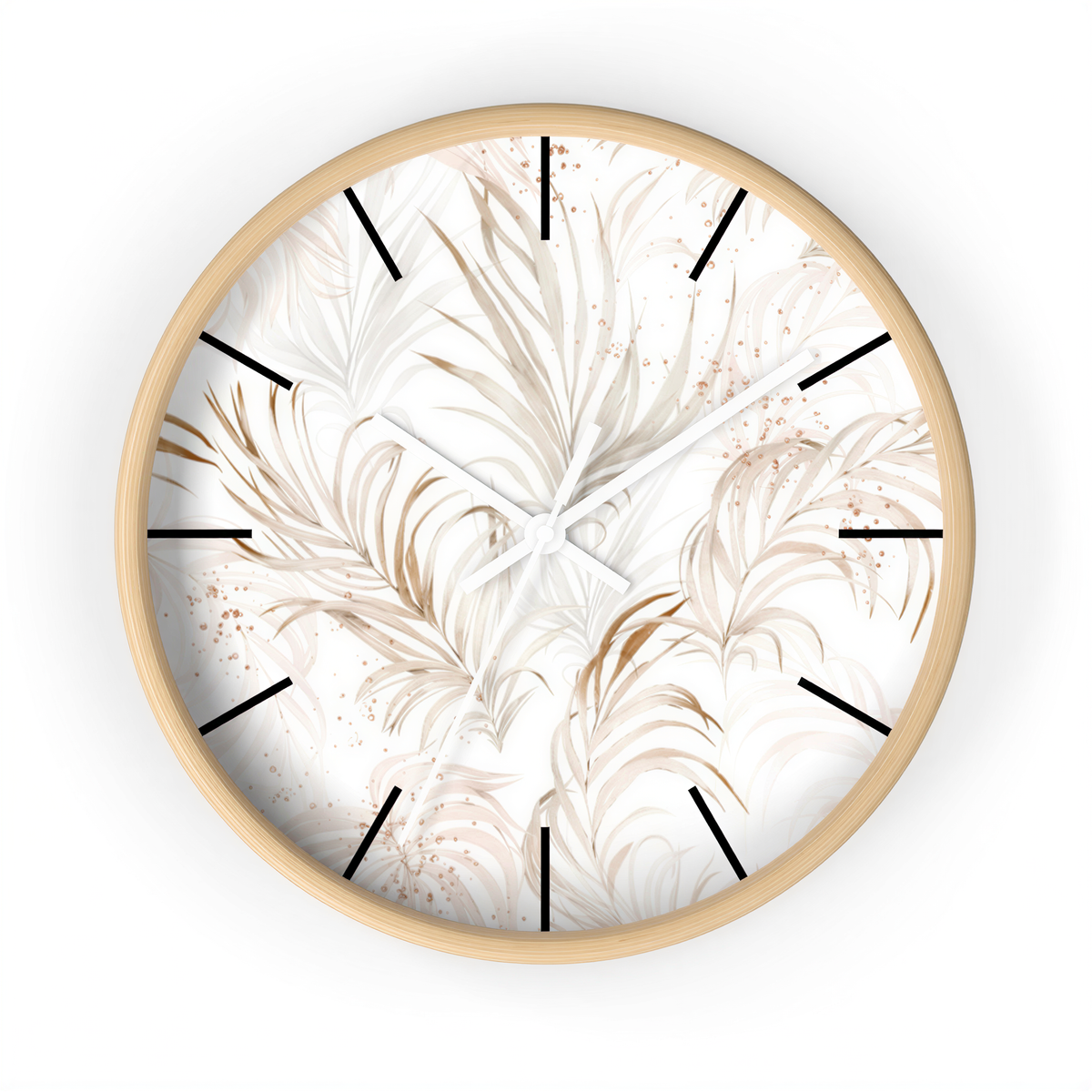 Floral Wood Wall Clock White Beige Leaves in a kitchen setting