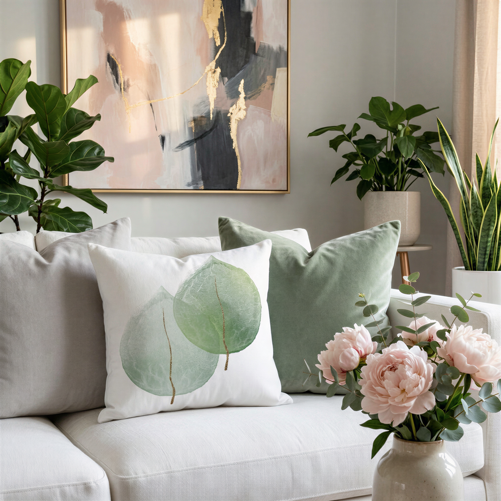 a cozy living room with a white sofa adorned with green and white throw pillows, a vase of pink flowers, and a large abstract painting on the wall.