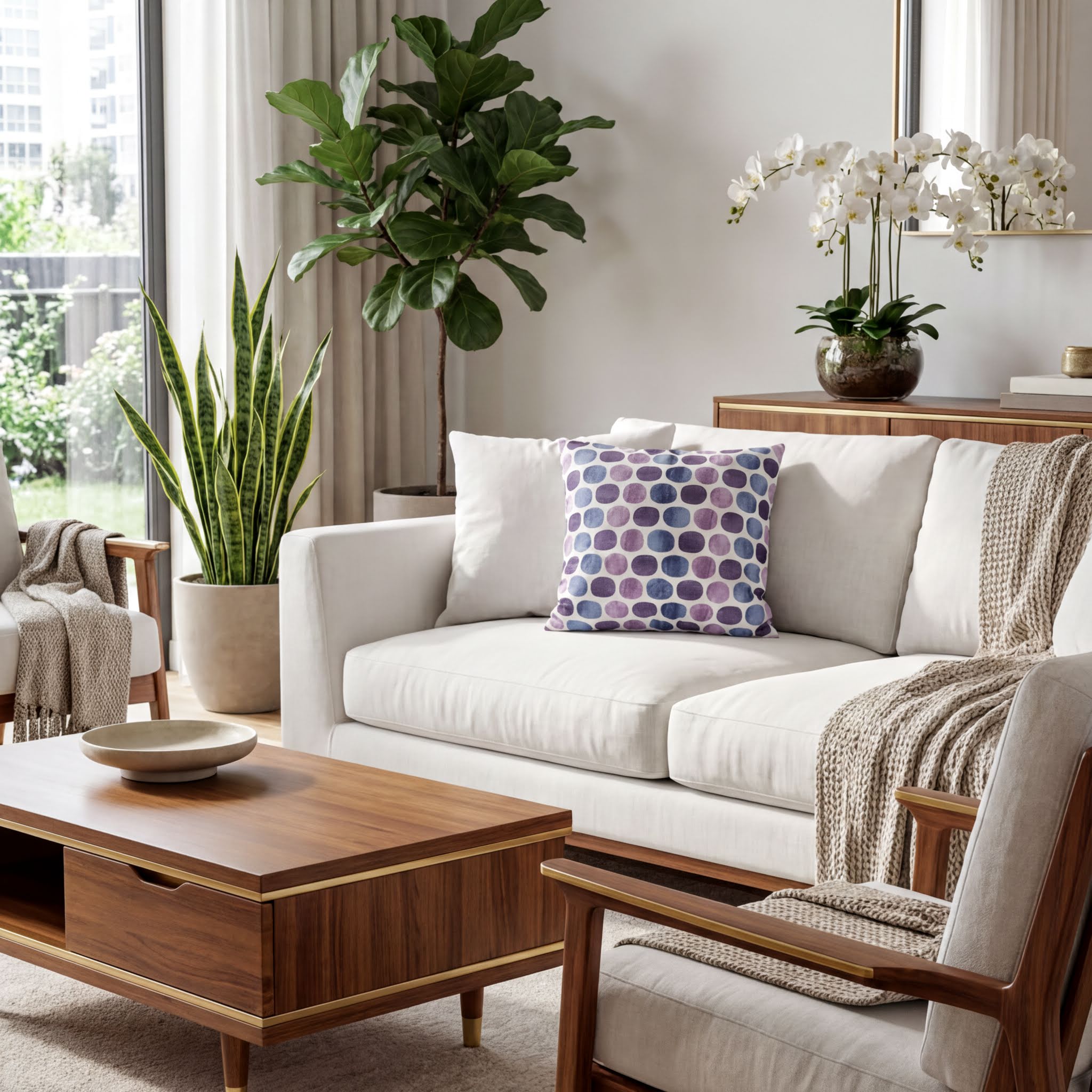 a well-decorated living room with a white sofa, a wooden coffee table, and various potted plants.