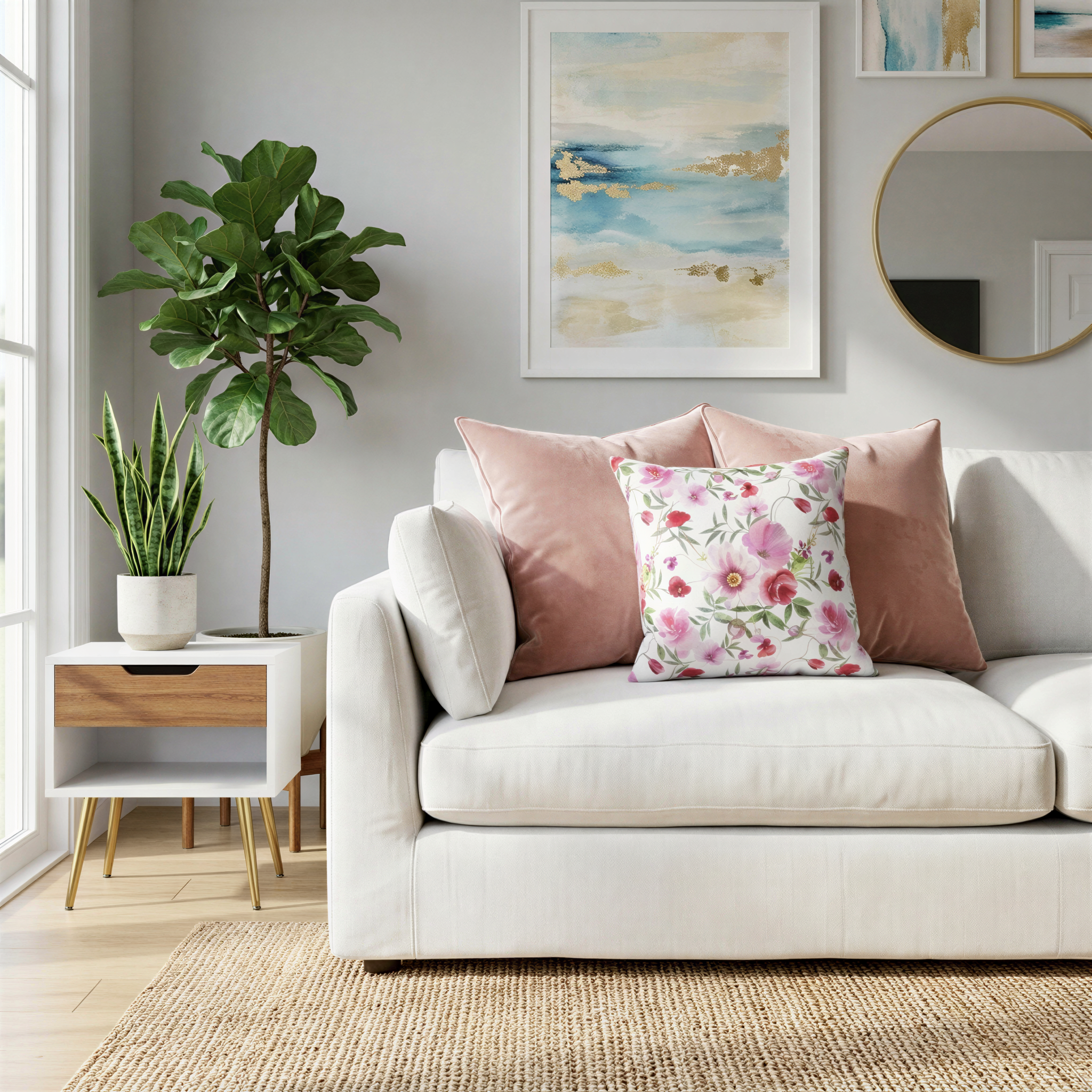 a cozy living room with a white sofa adorned with pink and white floral pillows, a wooden side table, and a large potted plant. The room is decorated with framed artwork on the walls and a round mirror above the sofa.