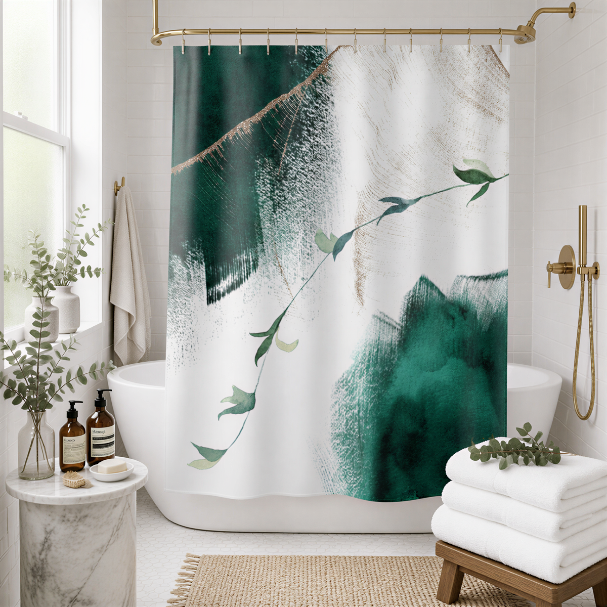 a modern bathroom with a white bathtub, a marble countertop, and a shower curtain featuring a green leaf design. The bathroom is decorated with various plants and accessories, creating a serene and natural atmosphere.