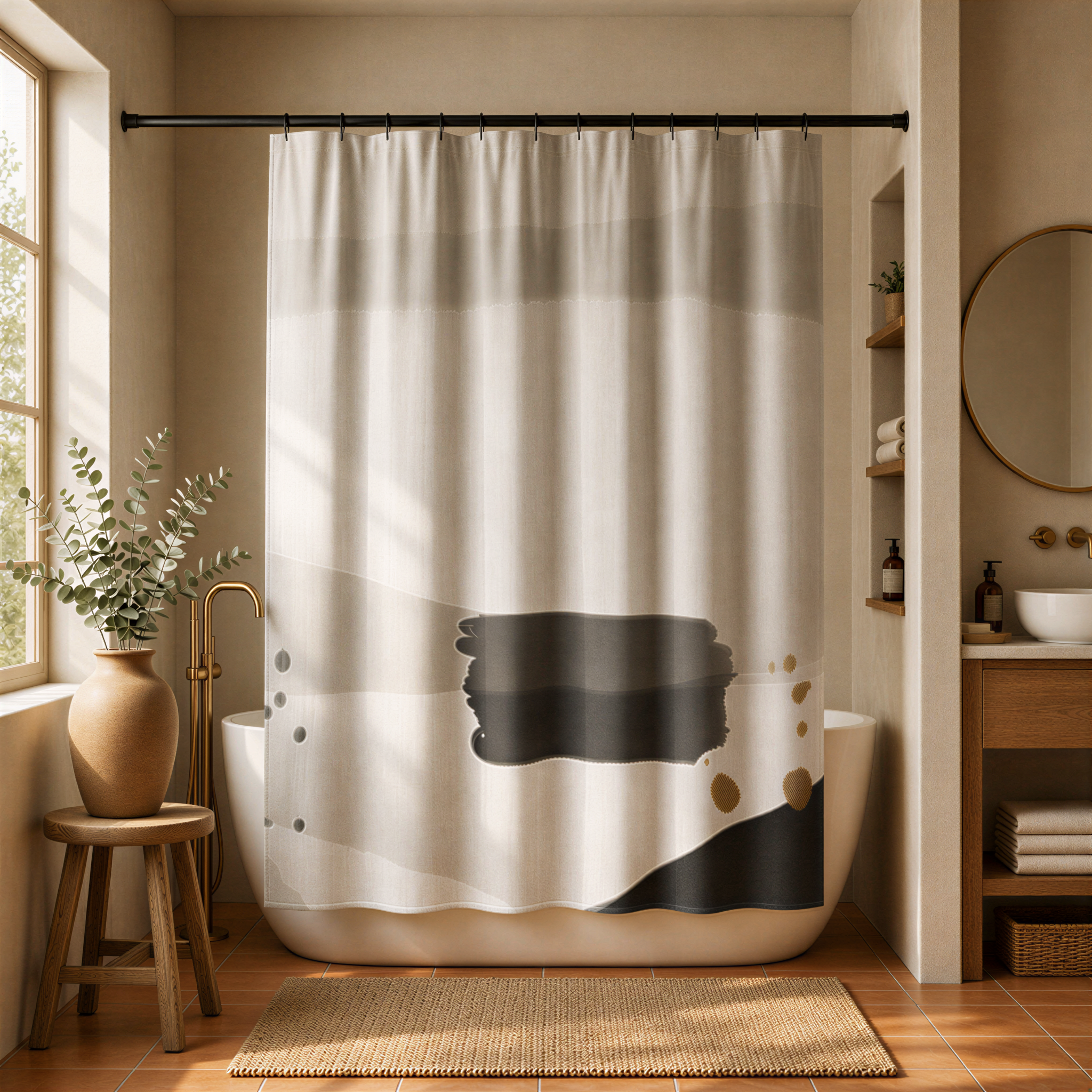 a modern bathroom with a large white bathtub, a shower curtain with a black abstract design, a wooden stool, a round mirror, and a window.