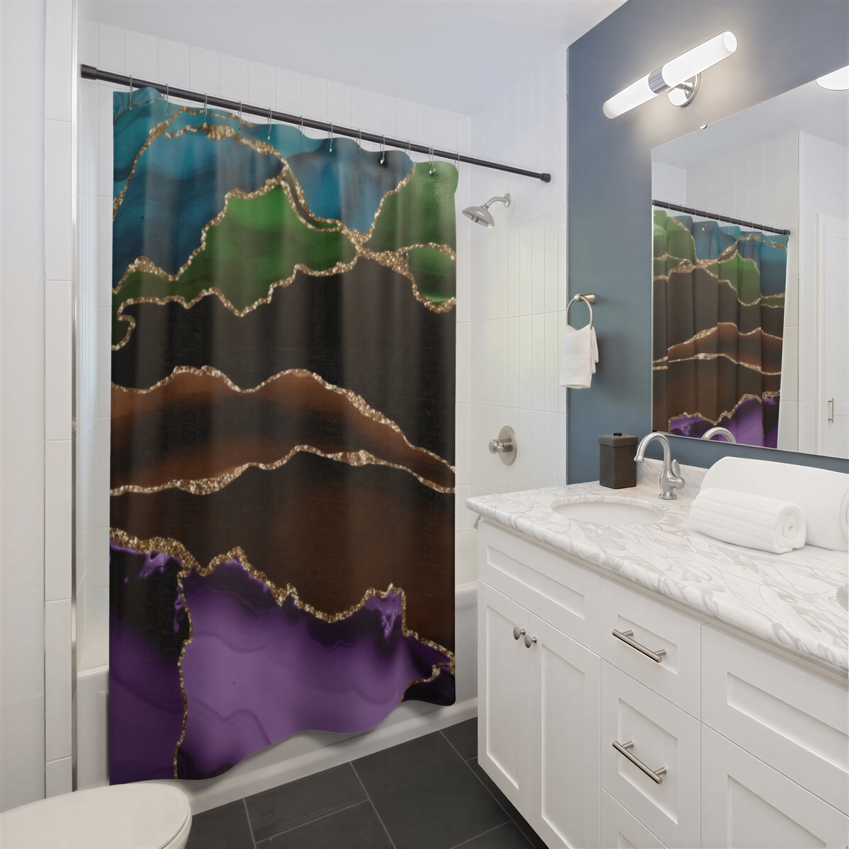 Agate Marble Shower Curtain Purple Brown hanging in a bathroom
