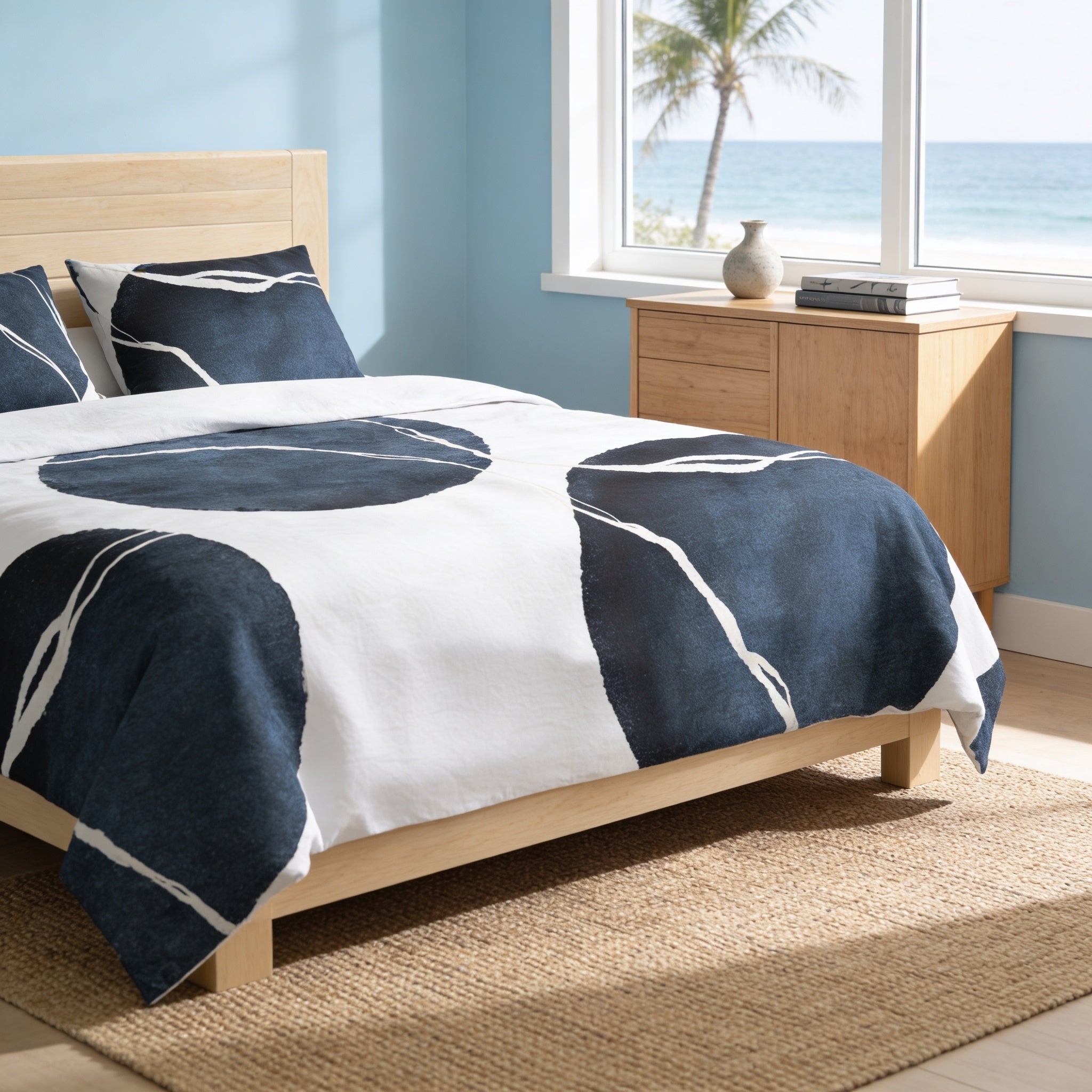 a serene bedroom with a large bed, a wooden headboard, and a window overlooking the ocean. The bed is covered in a white and blue patterned comforter, and there are two pillows on the bed. The room has a wooden dresser and a rug on the floor, creating a cozy and inviting atmosphere.