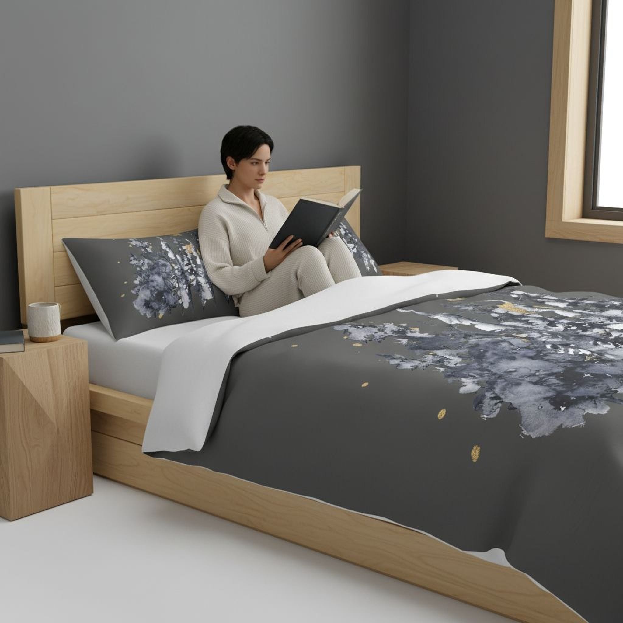 A woman is sitting on a bed, reading a book.