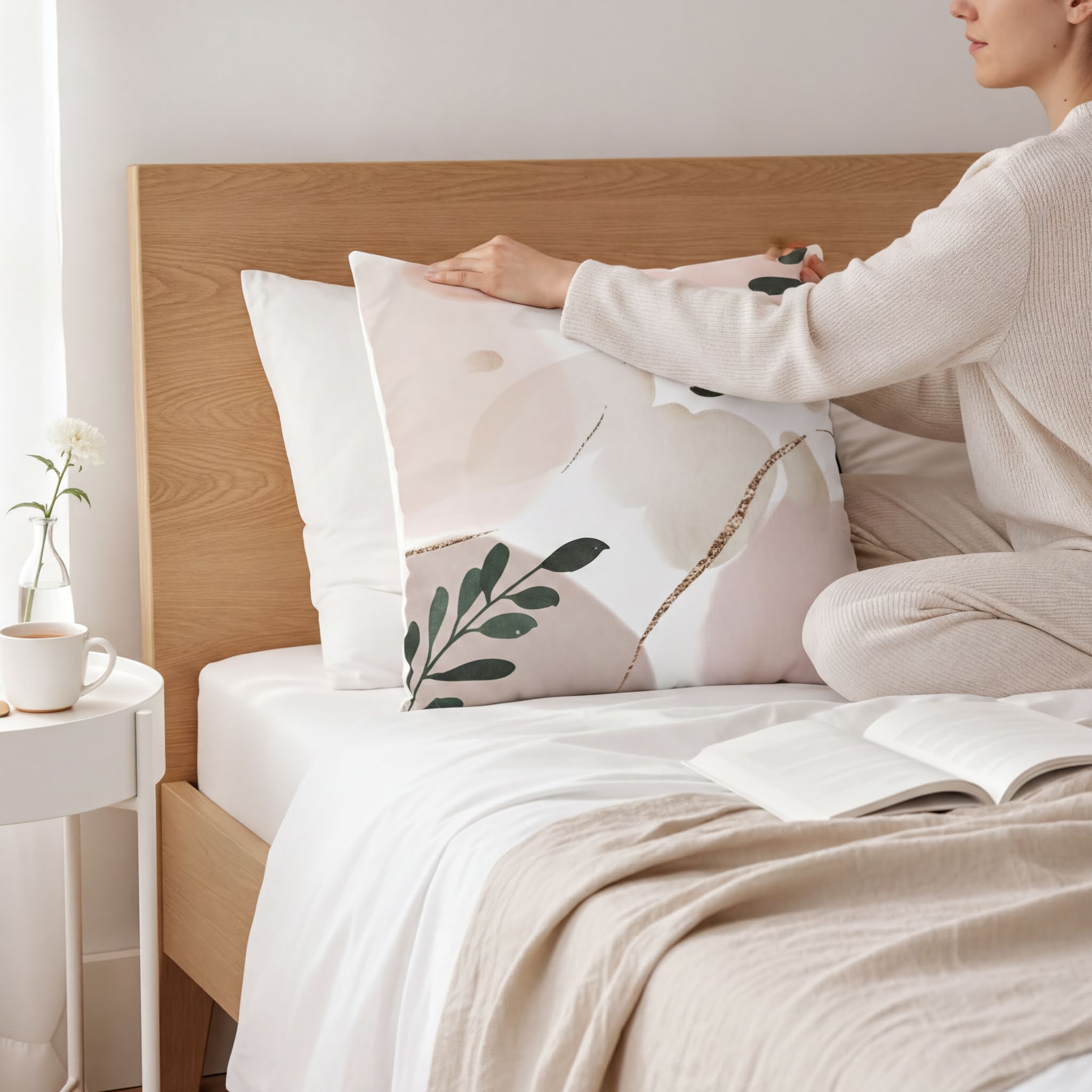 A person is sitting on a bed, adjusting a pillow with a floral design.
