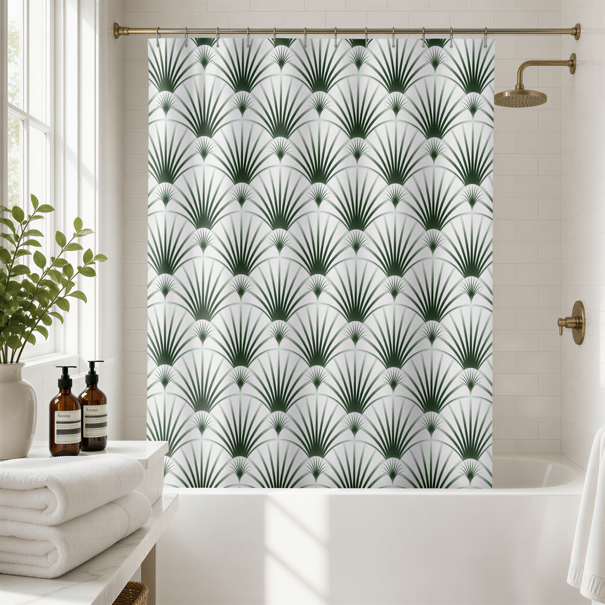 a bathroom with a white bathtub, a shower curtain with a repeating pattern of green palm leaves, and a window with a plant on the sill.