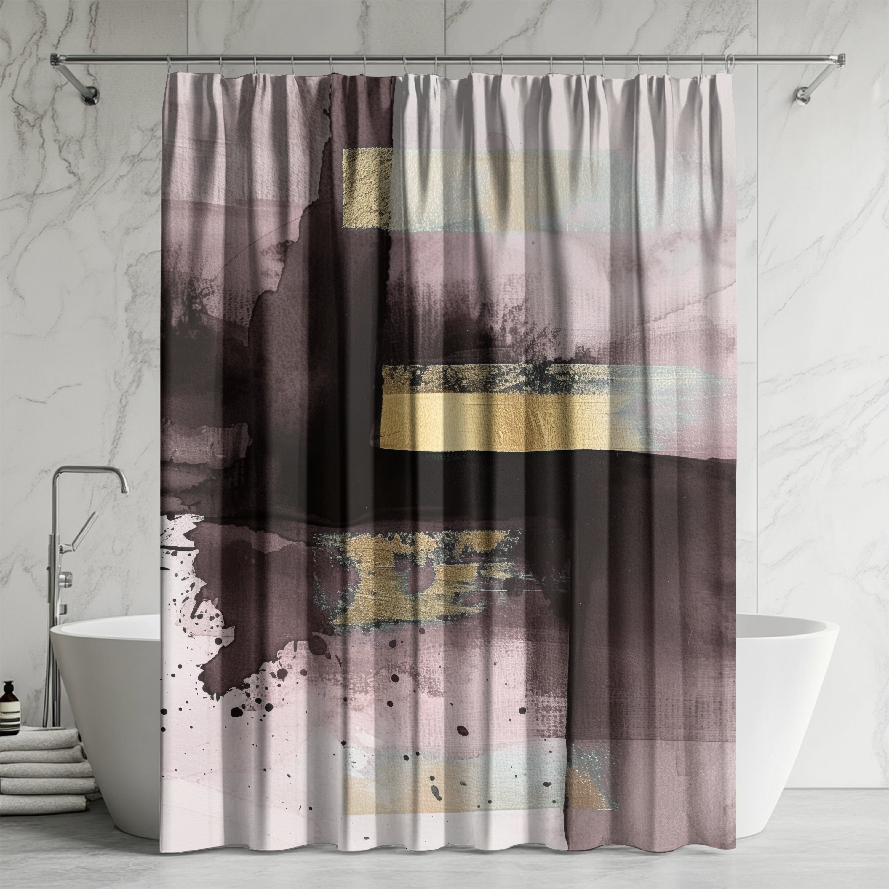 a bathroom with a shower curtain that has an abstract, colorful design. The curtain is hanging from a rod above a white bathtub, which is positioned against a marble wall.