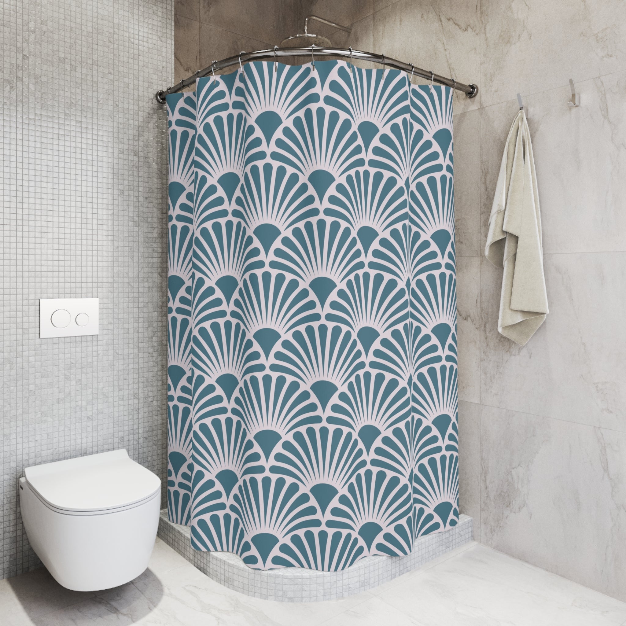 Art Deco Shower Curtain | Blue, White Fan Bath Curtain