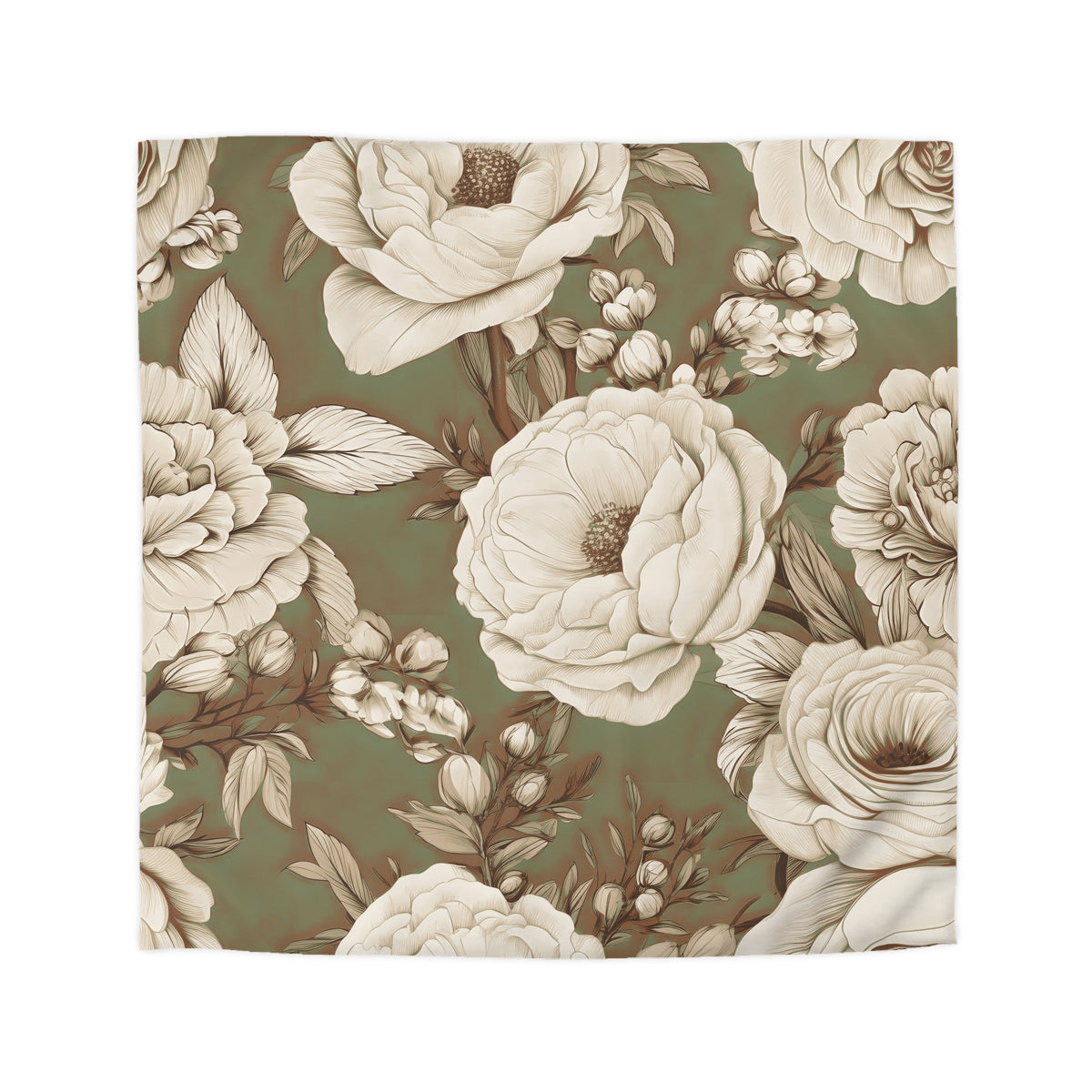 a repeating floral pattern with large white flowers and leaves against a dark green background.