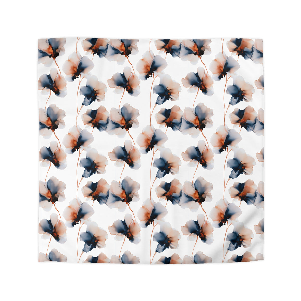 a repeating pattern of blue and orange flowers on a white background.