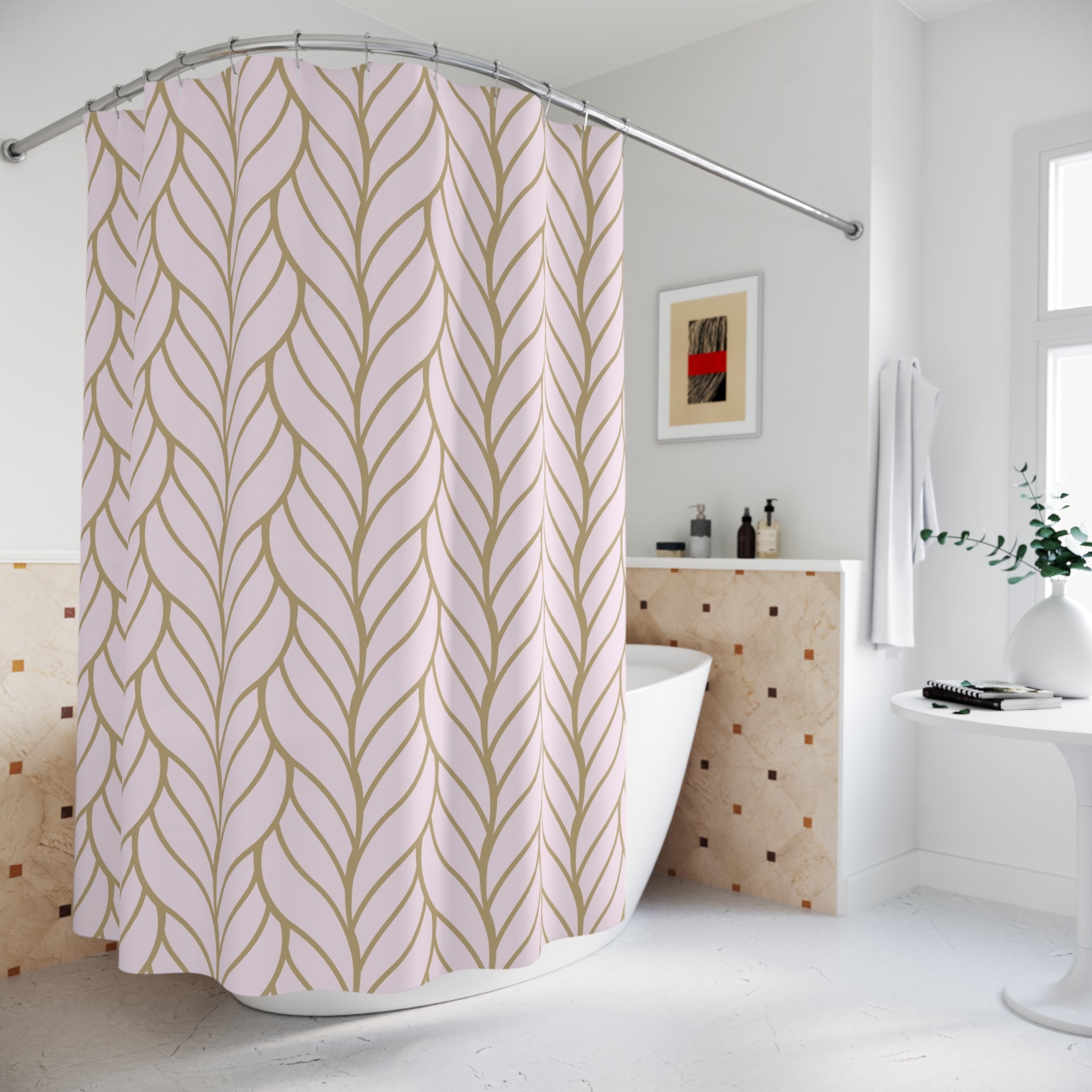 Pink Shower Curtain | Blush, Beige Braid Bathroom