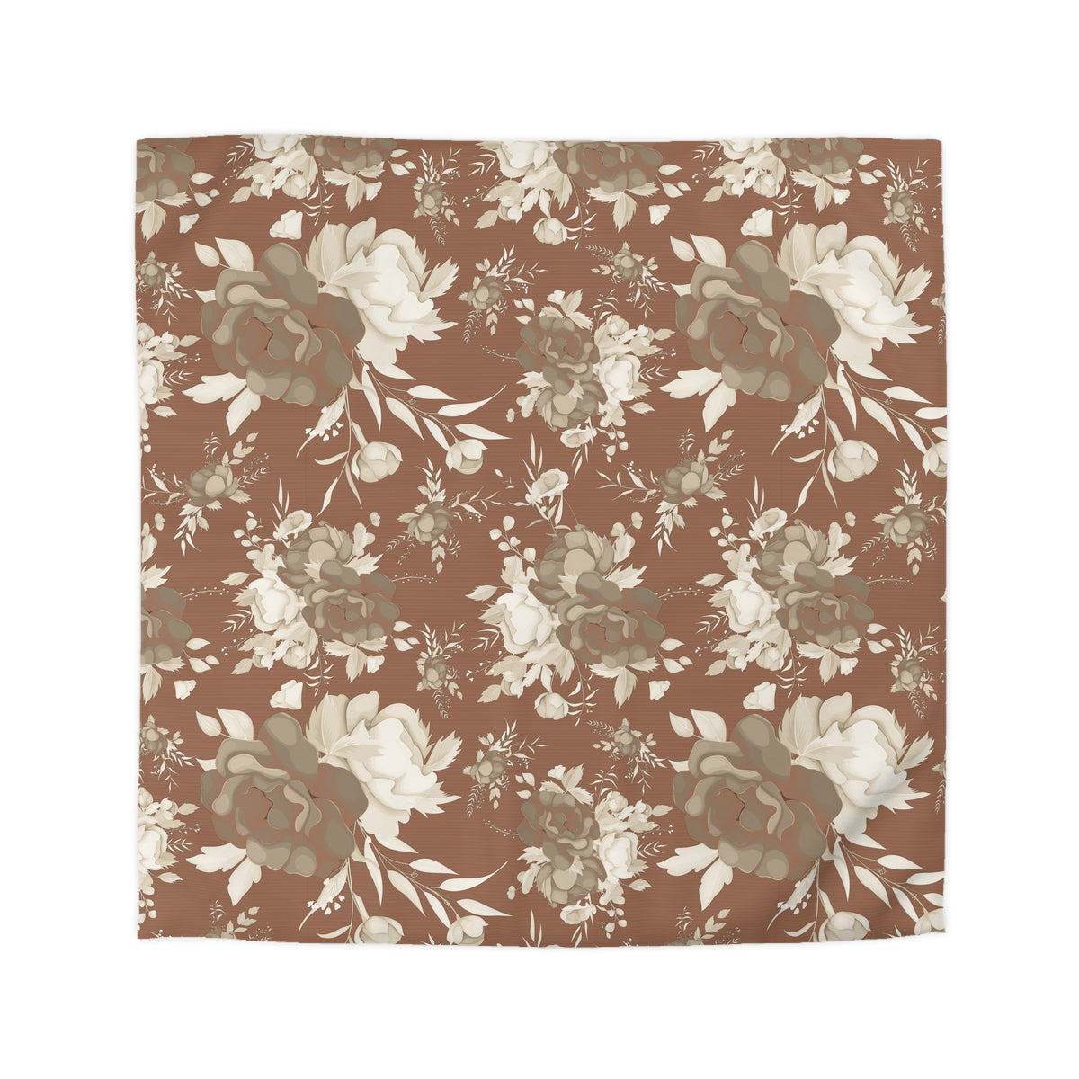 a square-shaped floral print with a repeating pattern of brown and white flowers and leaves.