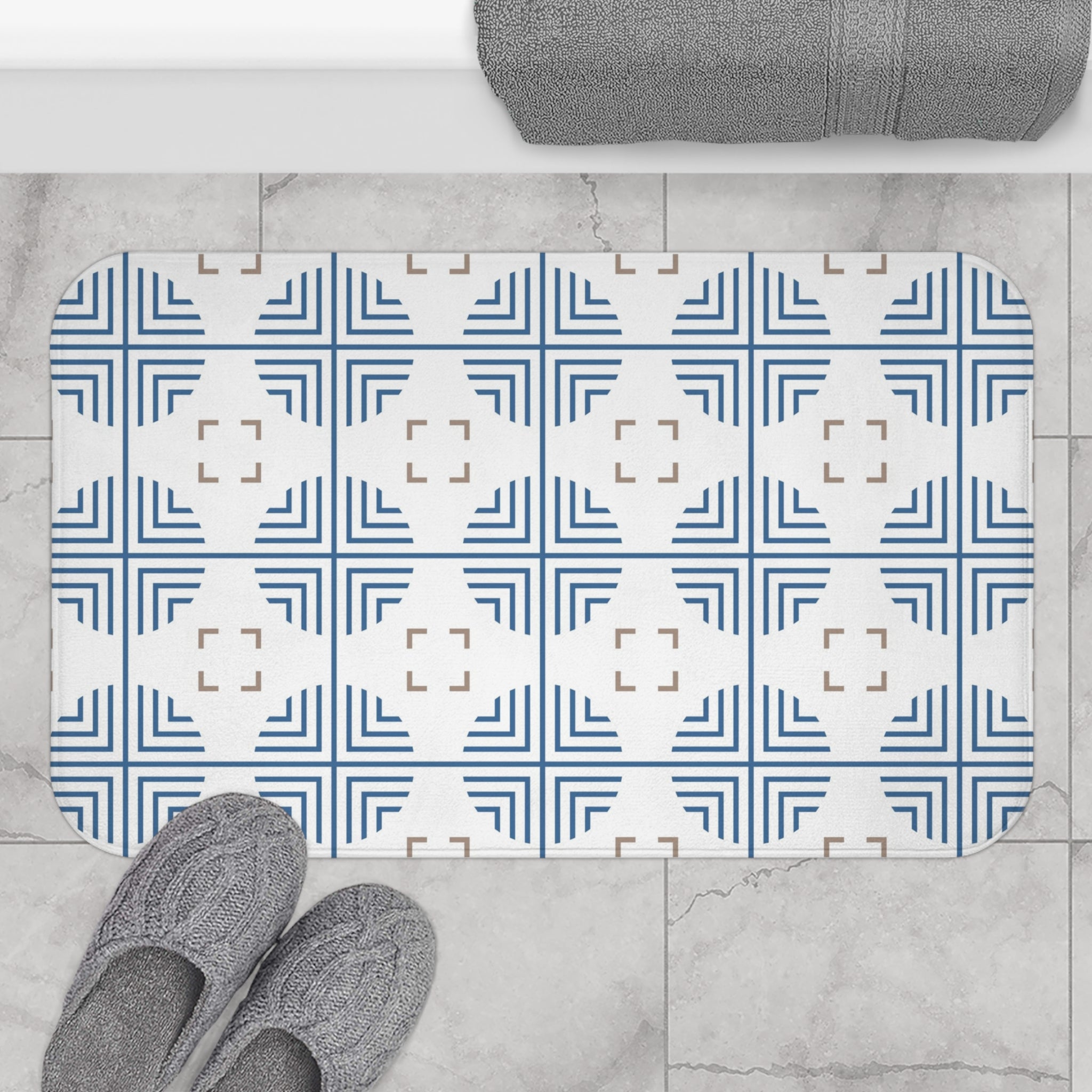 Retro Bath, Kitchen Mat | Art Deco Blue, White, Beige