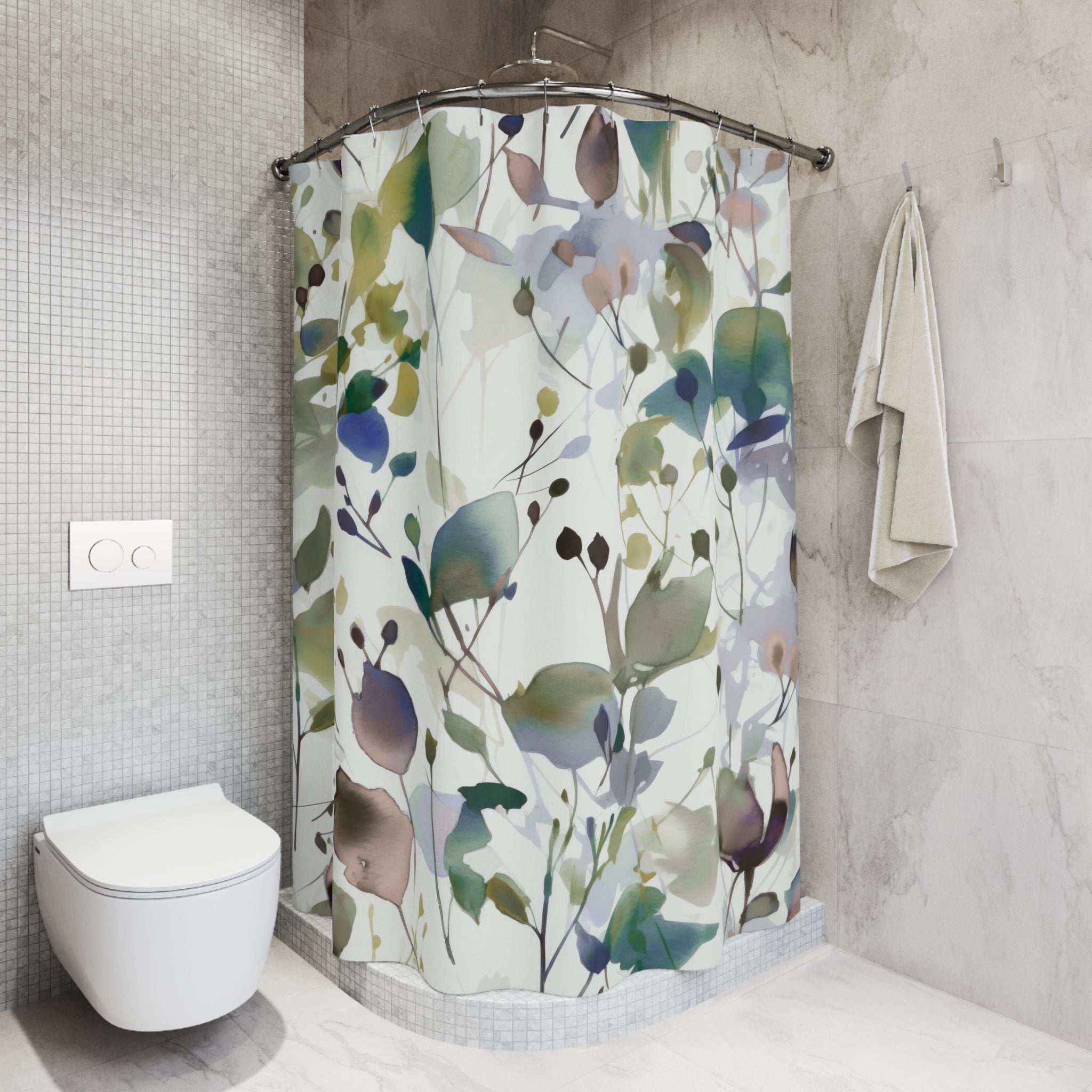 Boho Shower Curtain | Sage Green White, Colorful Floral Watercolor