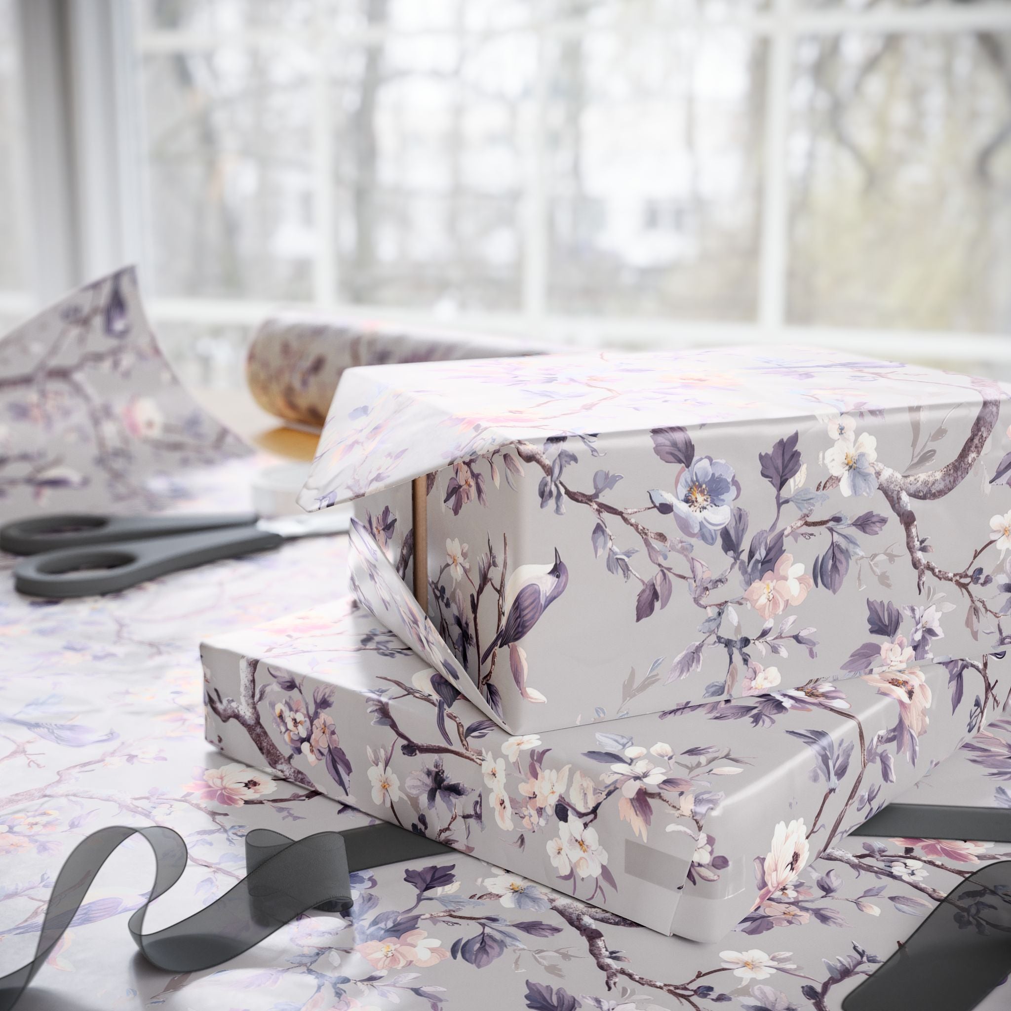 Gift Wrapping Paper | Lavender Pink Grey Floral Wrap for the Holidays, Birthdays