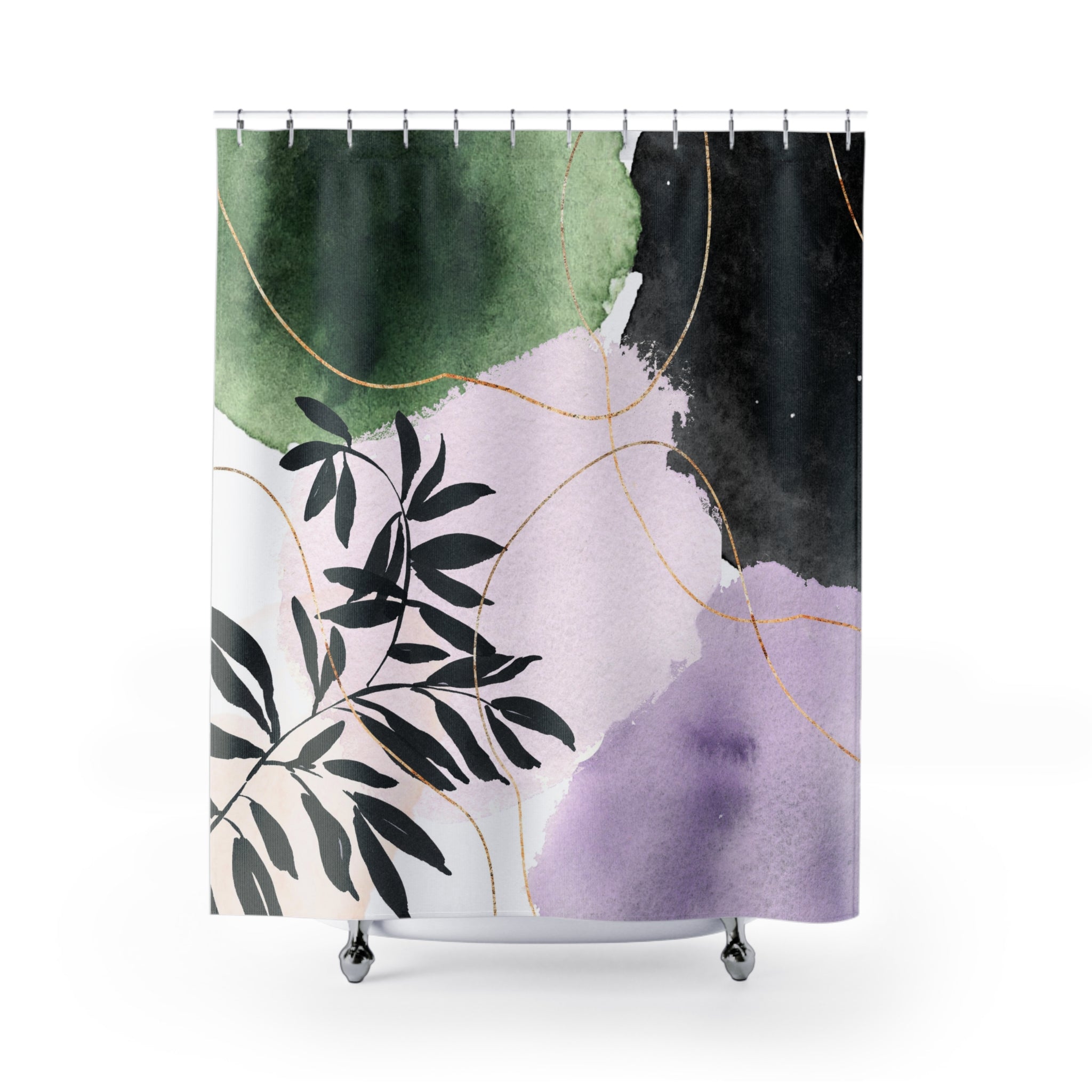 Abstract Shower Curtain | Artsy Black Leaves, Lavender Blush, Green