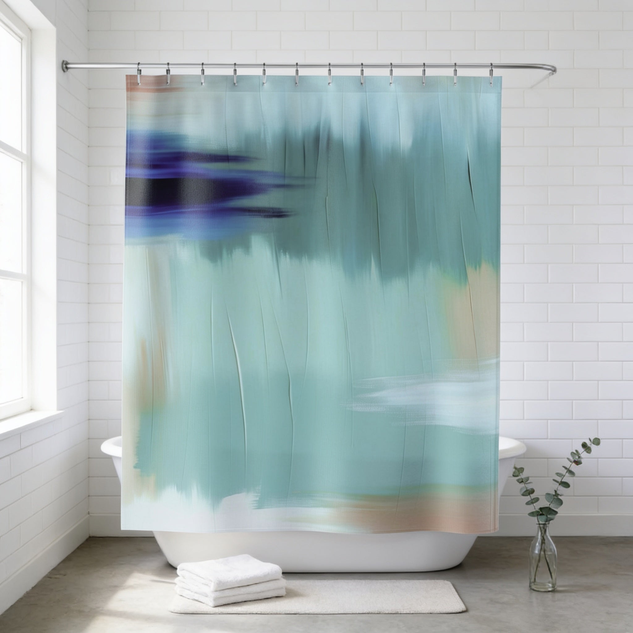 a bathroom with a white bathtub, a shower curtain with a colorful abstract design, and a small vase with greenery on the floor.