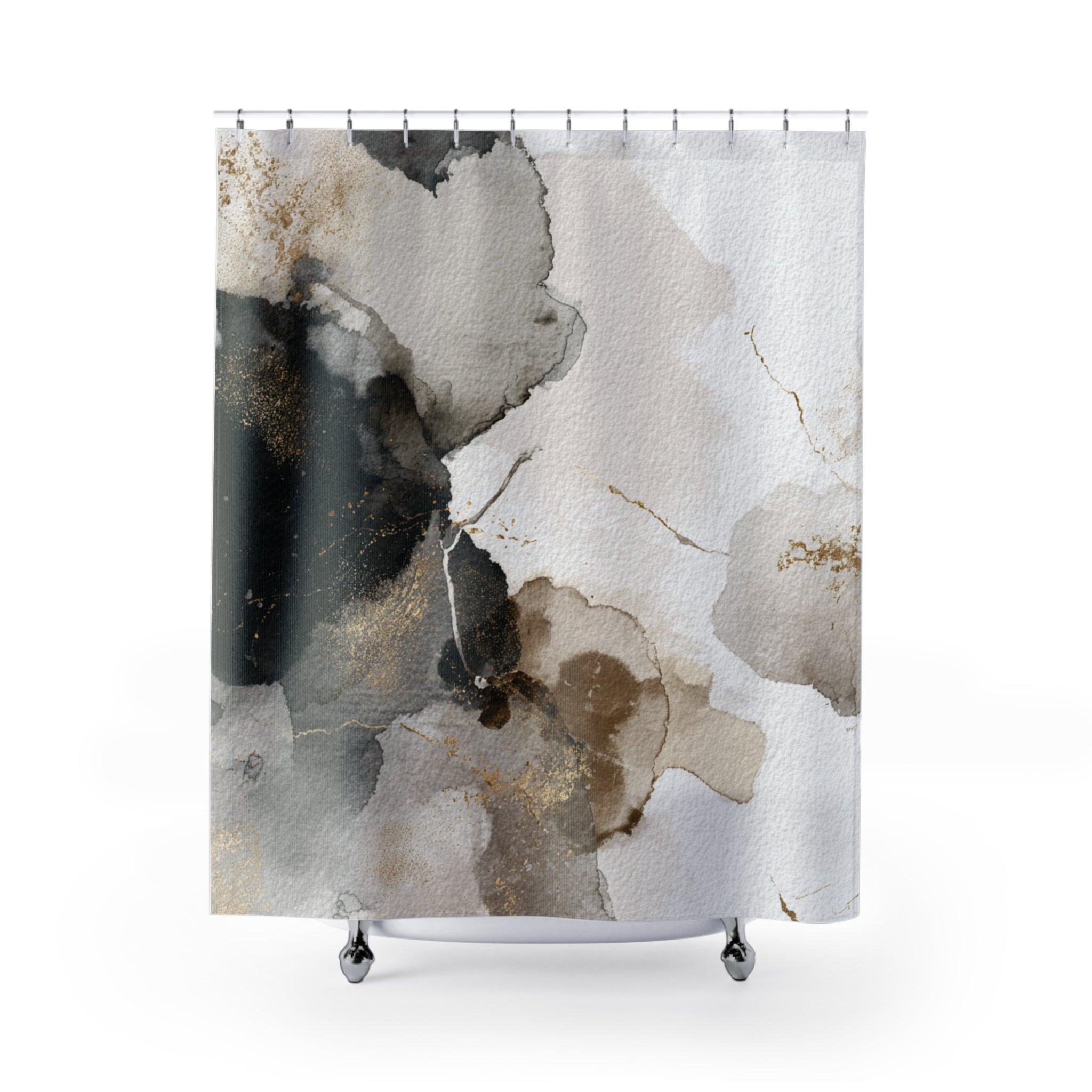 a square shower curtain with a striking abstract design in shades of gray, black, and gold.
