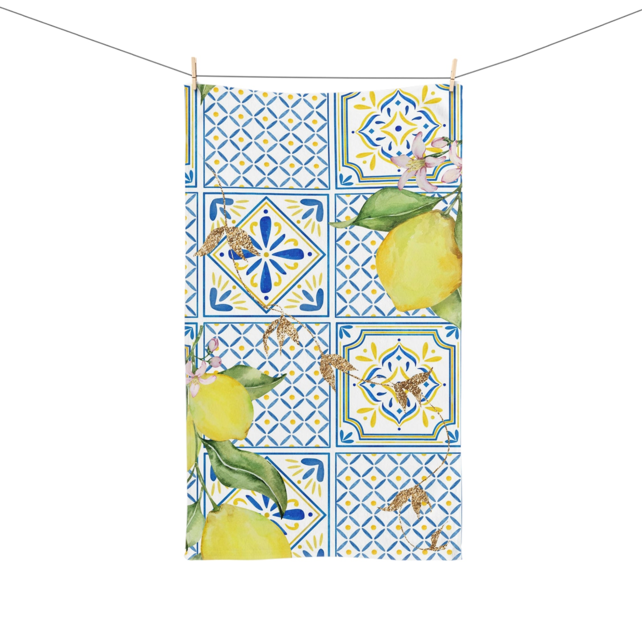 Kitchen, Bath Hand Towel | Amalfi Lemon, Blue Yellow Tiles