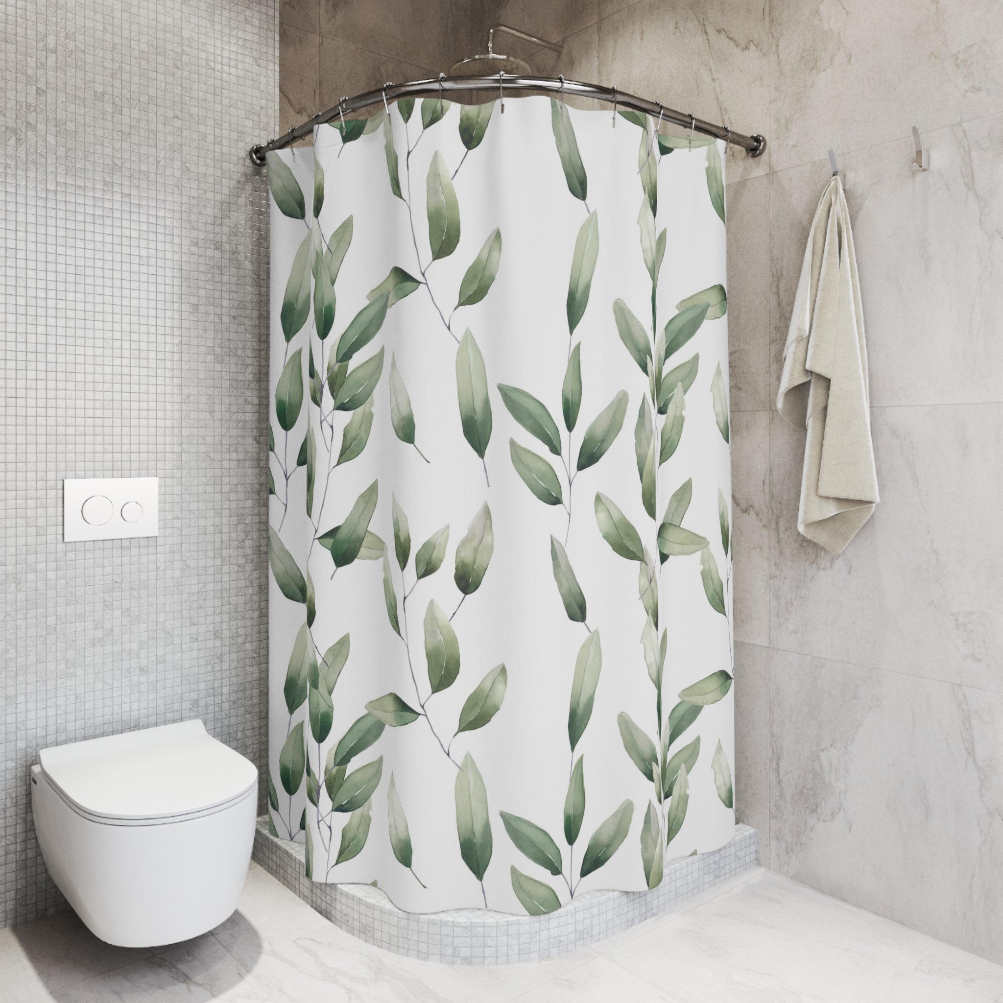 Boho Shower Curtain | Sage Green Leaves, White