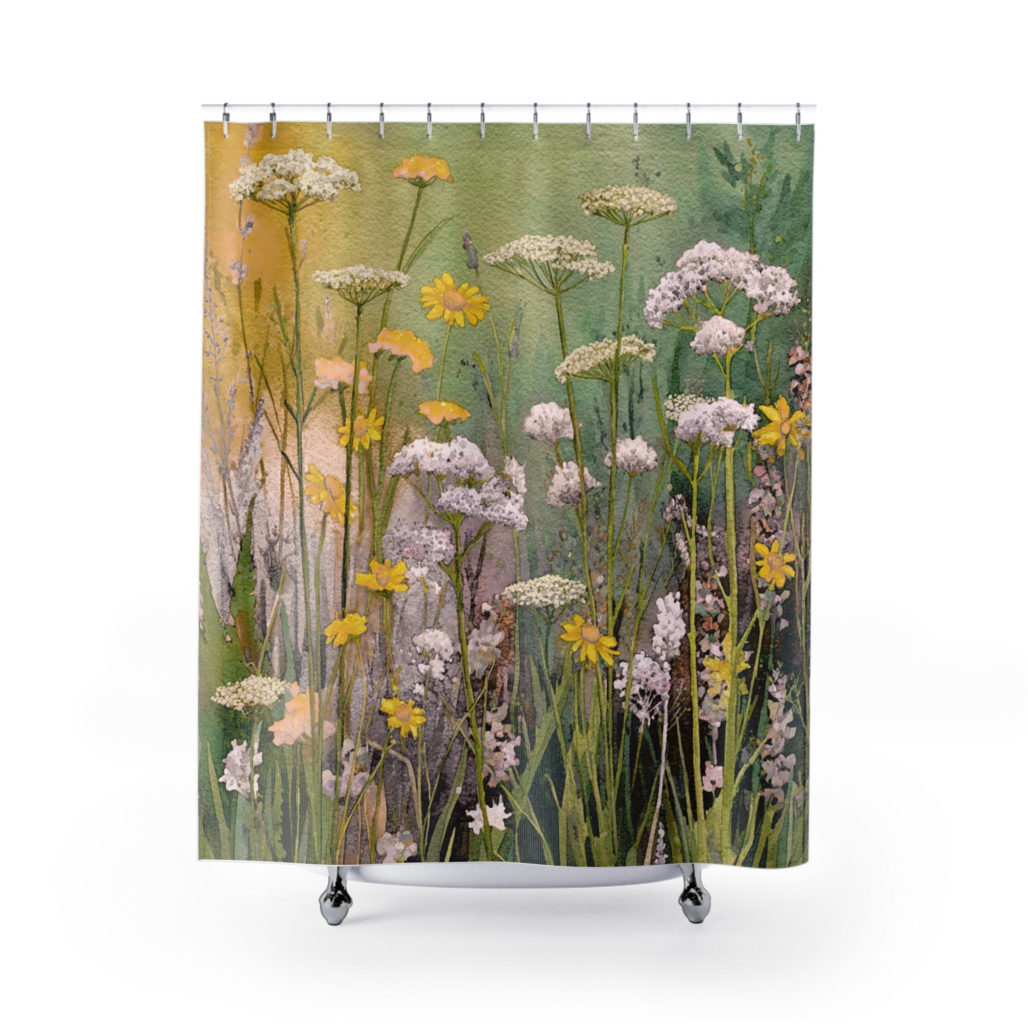 Abstract Floral Shower Curtain | Yellow Green Wildflowers Bathroom Decor
