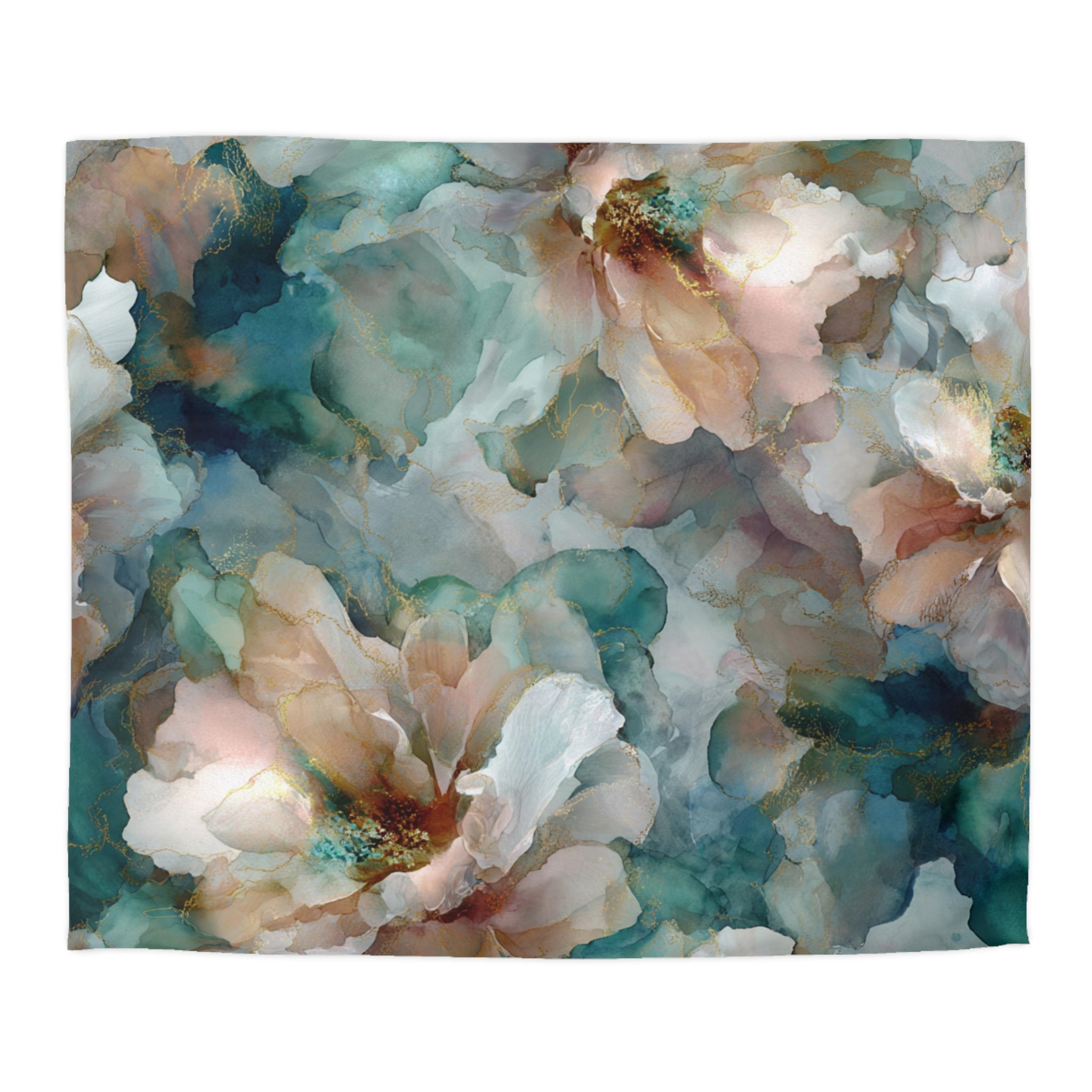 Abstract Floral Duvet Cover, Pillow Sham | Teal Blush Watercolor Bedding