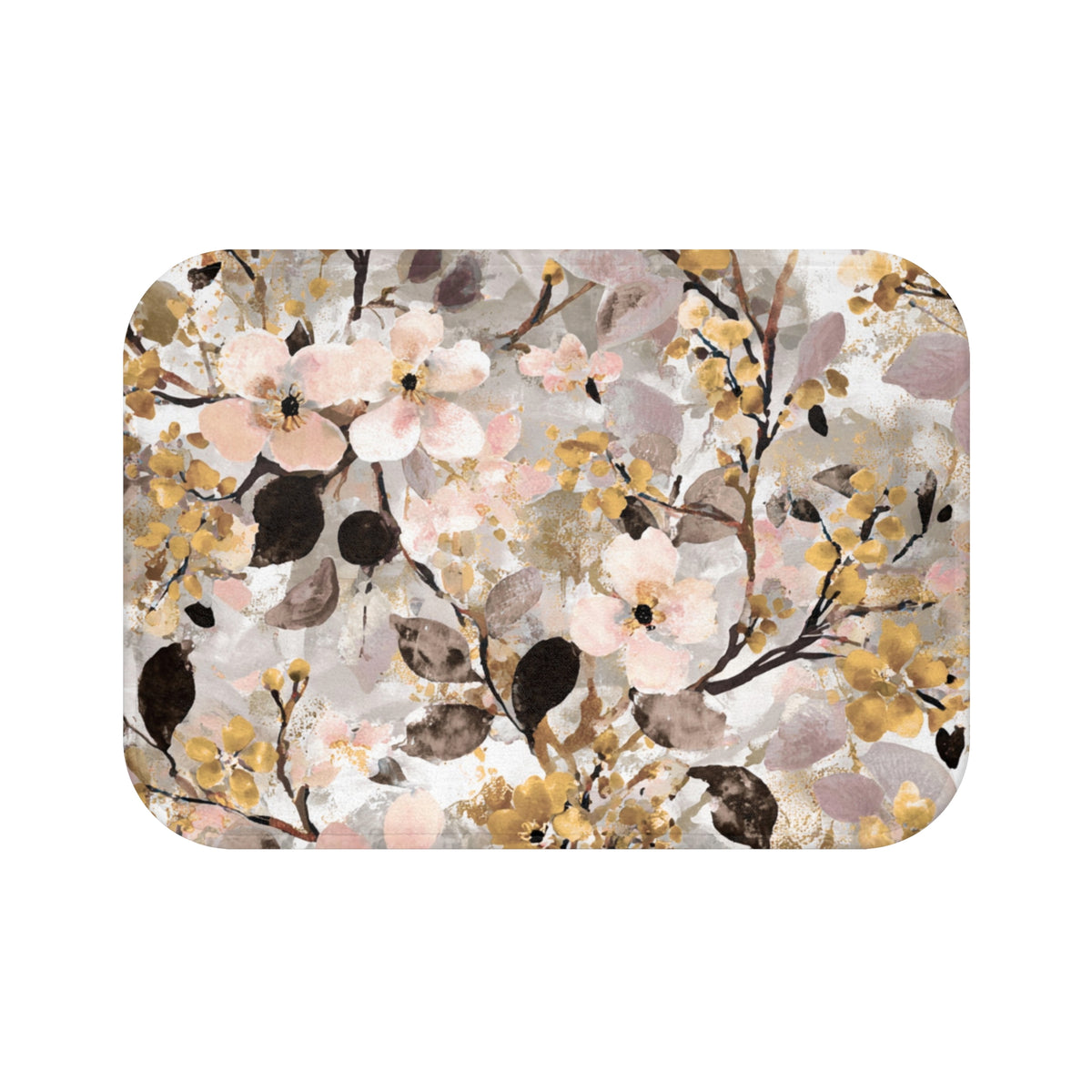 Blush Mustard Blossom Floral Bath Mat, Botanical Bathroom Rug