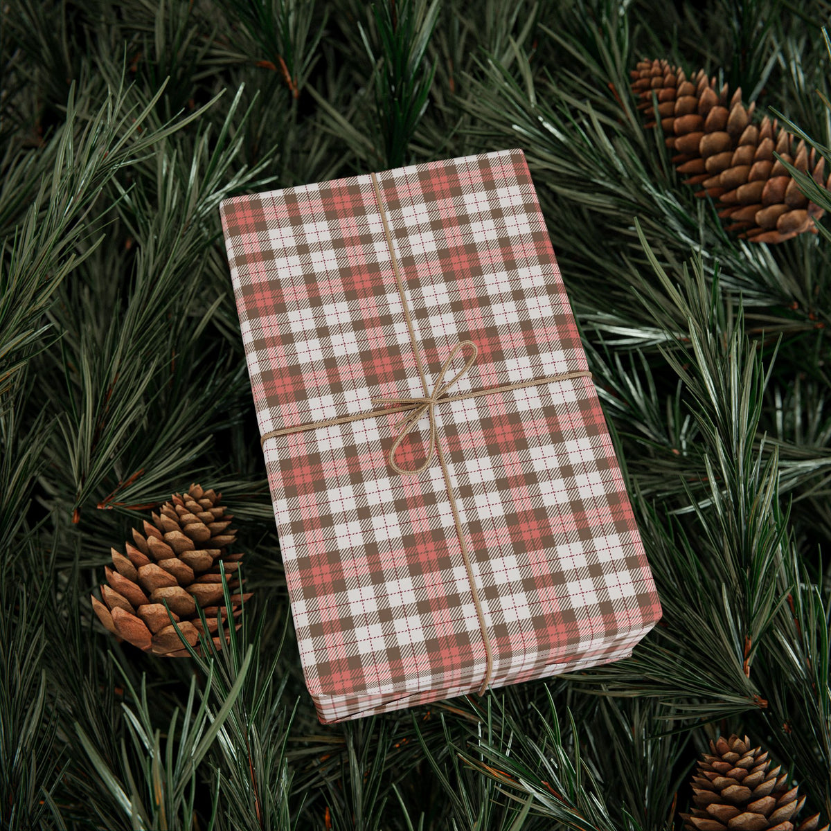 Pink Brown White Plaid Christmas Wrapping Paper, Gift Wrap