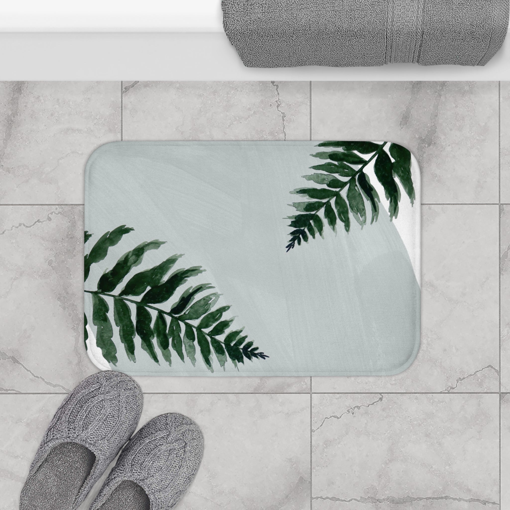 Boho Floral Bath Mat | Modern Organic, Pale Blue, Green Leaves