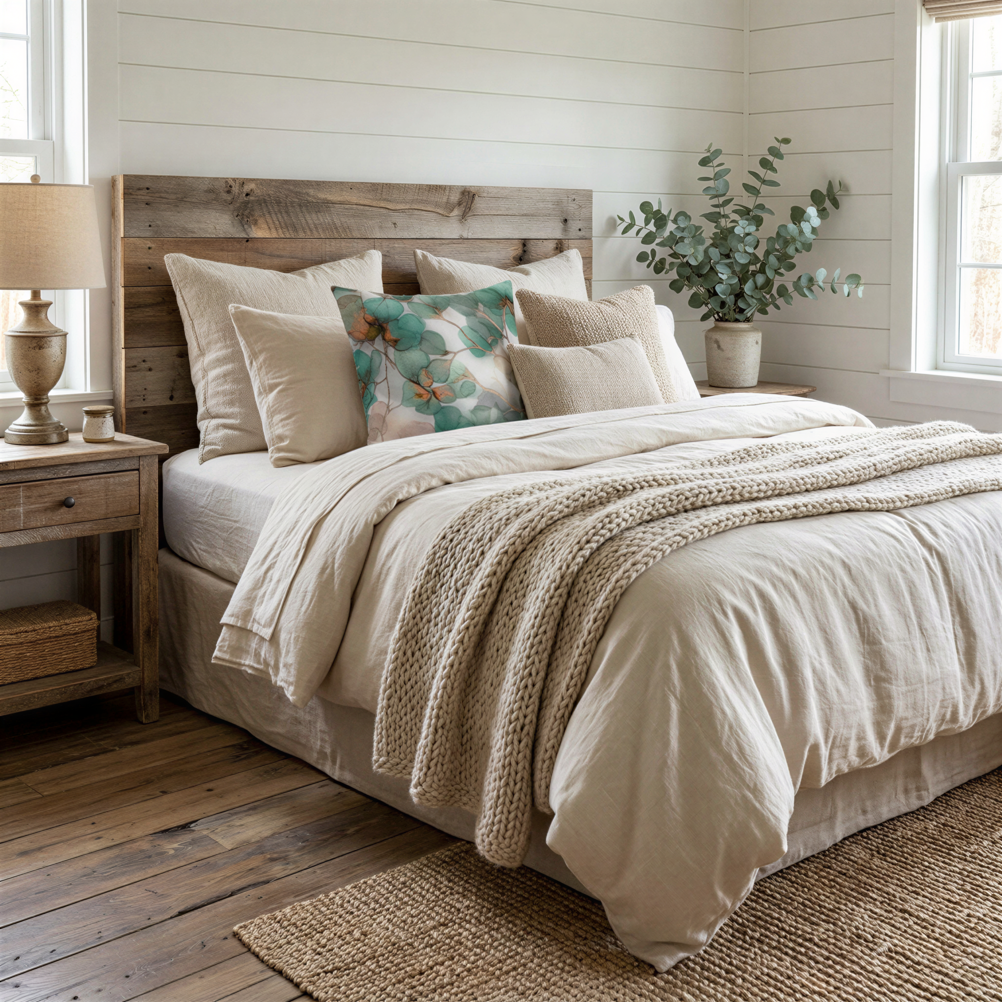 a cozy and inviting bedroom with a large bed, wooden headboard, and a wooden nightstand. The bed is adorned with a white comforter and a throw blanket, and there are several pillows on the bed. A potted plant is placed on the nightstand, adding a touch of greenery to the room. The wooden floor and the window in the background contribute to the warm and rustic atmosphere of the space.