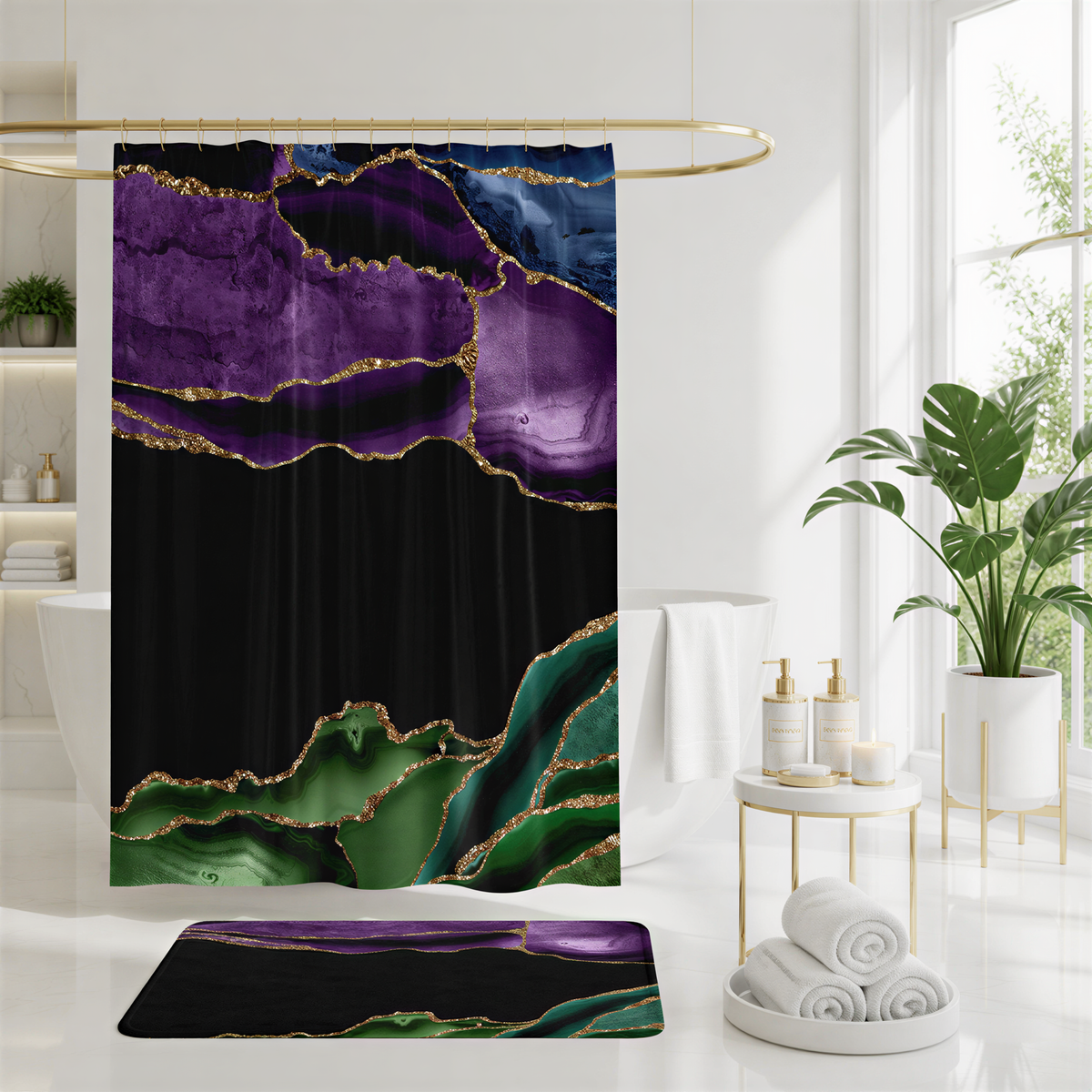a bathroom with a shower curtain that has a striking black and purple abstract design with gold accents. The shower curtain is hanging from a gold rod, and there are several potted plants placed around the room, adding a touch of greenery to the space.