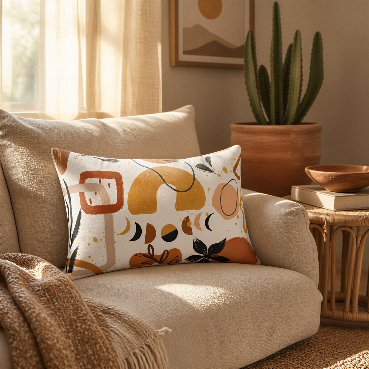 a cozy living room with a beige sofa, a decorative pillow with abstract patterns, a potted plant, and a woven side table.