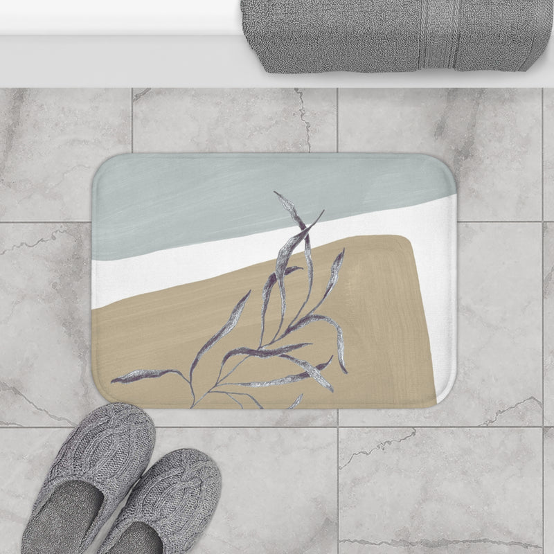 Abstract Boho Bath Mat | Modern Organic, Beige Blue Grey leaf