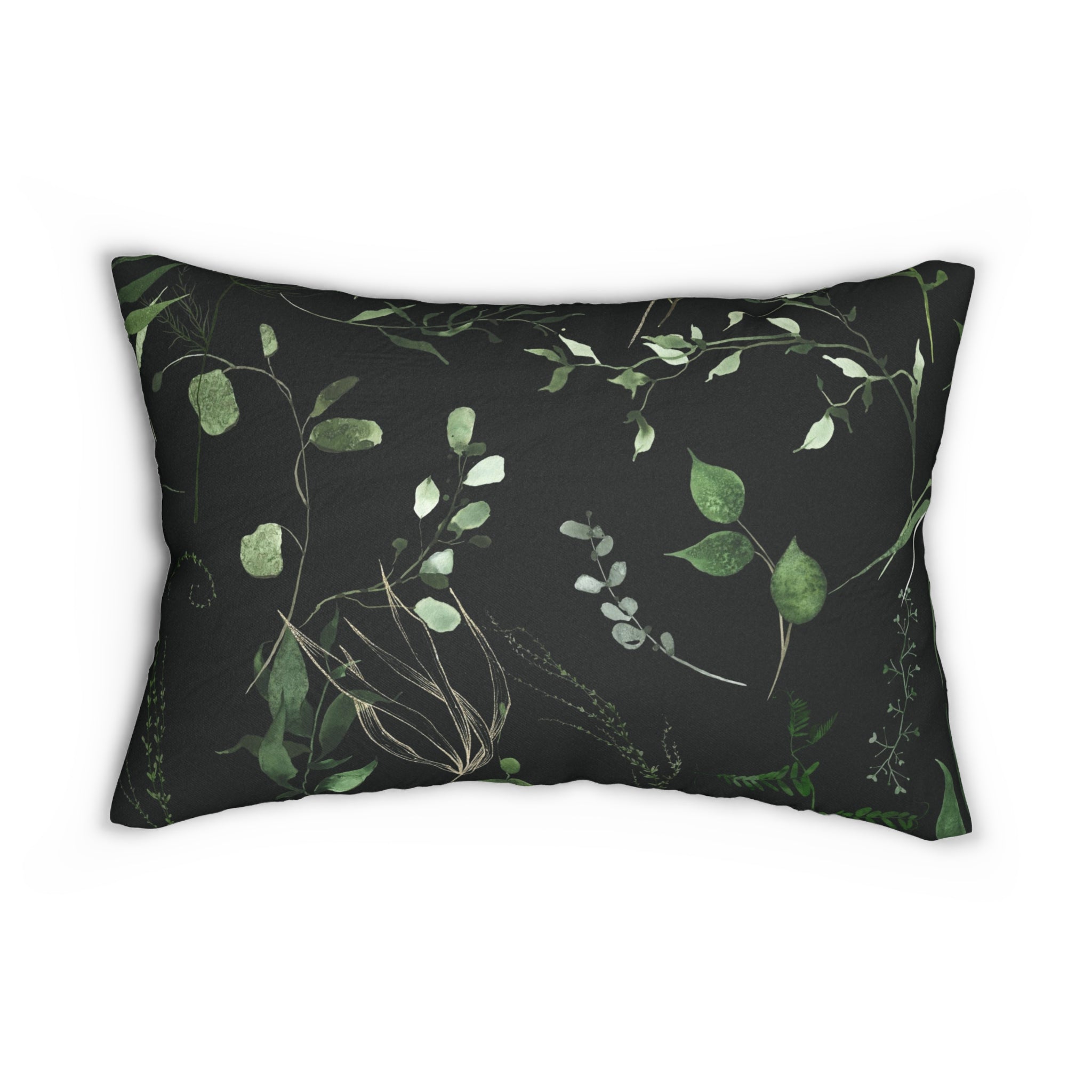 Boho Lumbar Pillow | Black Green Beige Leaves Floral