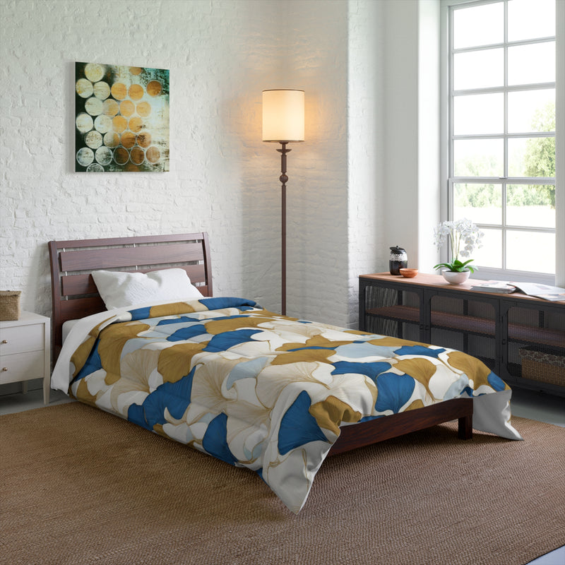 Floral Comforter | Indigo, Sky Blue, Ivory Beige, Gingko Leaves