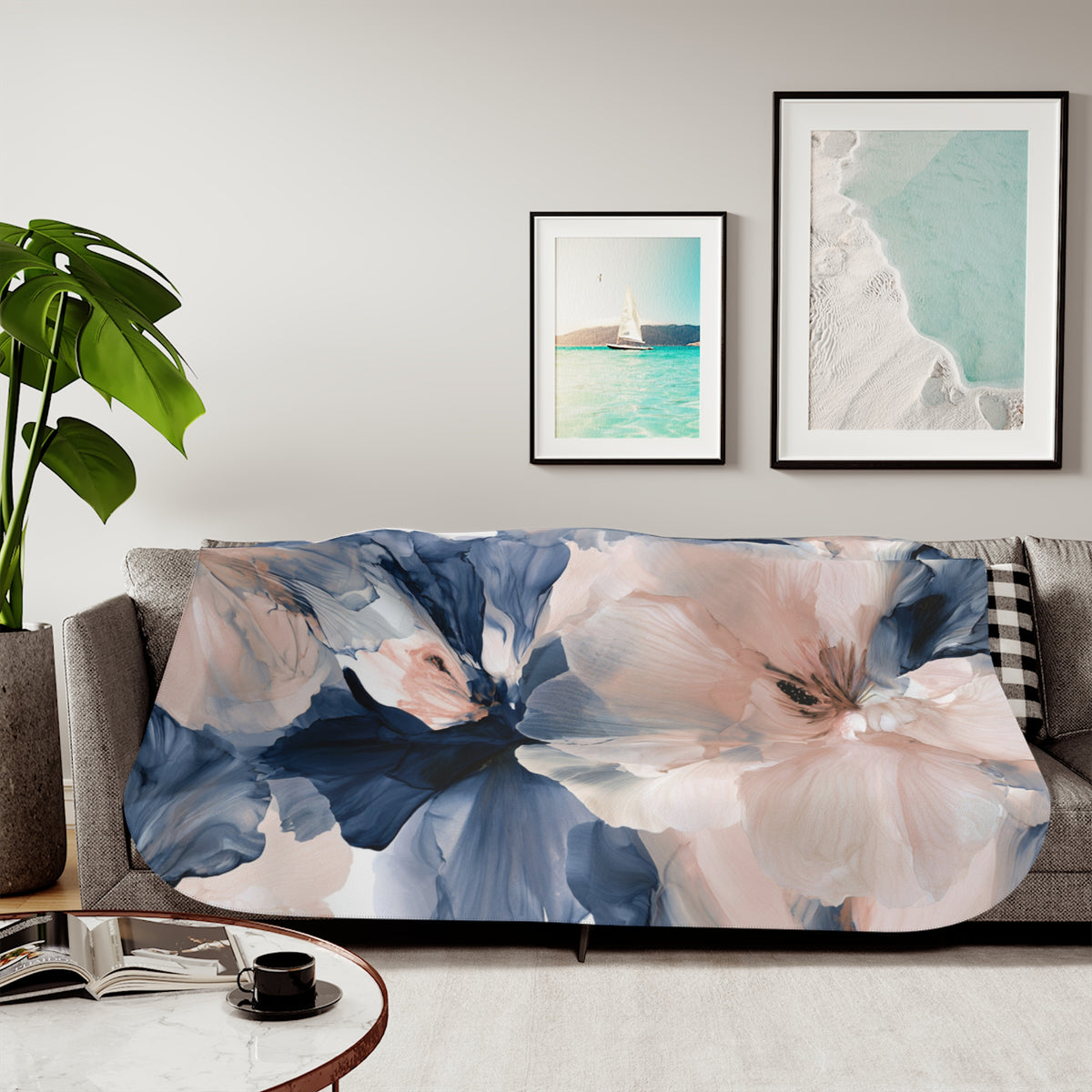a living room with a couch covered in a floral print