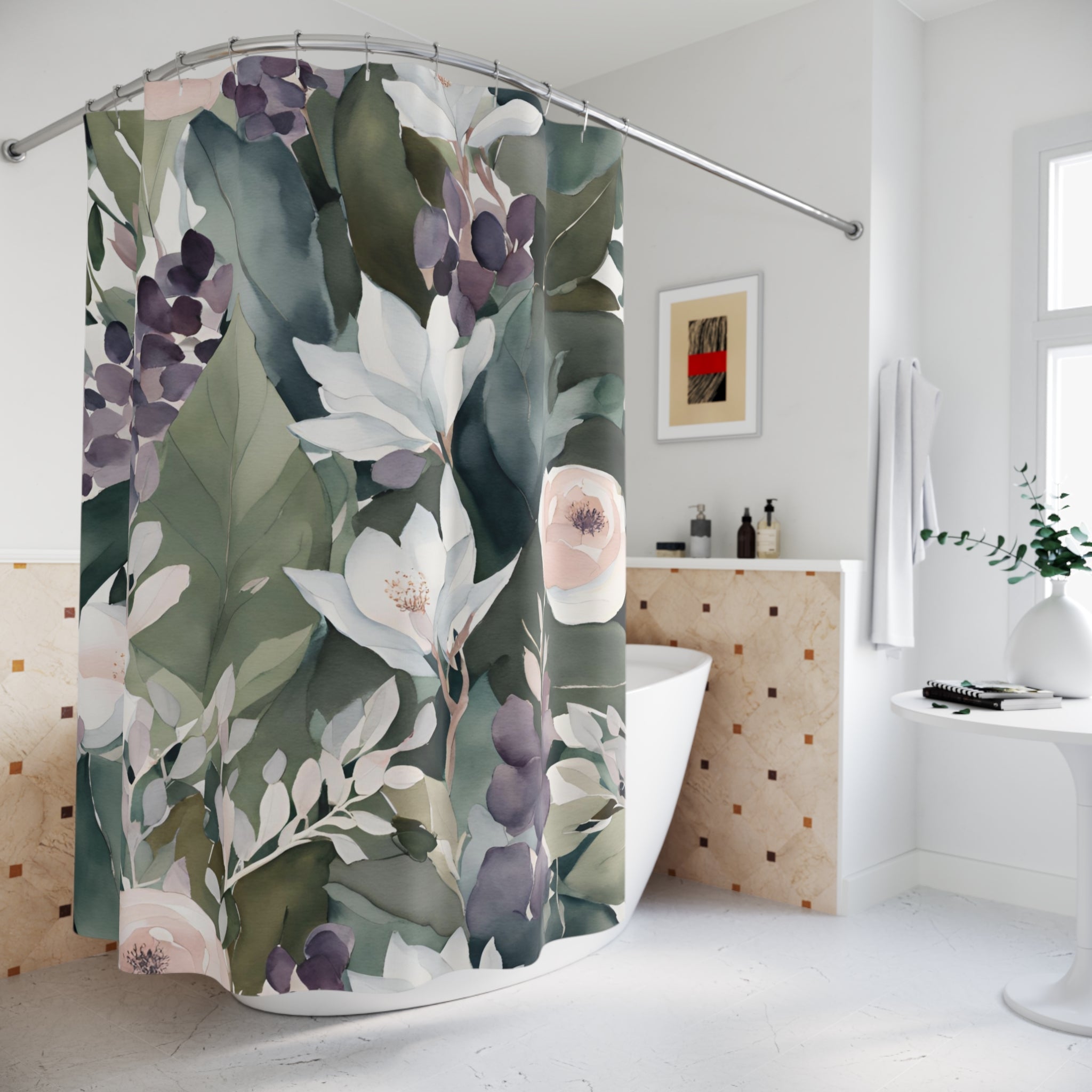 Abstract Shower Curtain | Floral Sage Green, White Pink Purple Flowers