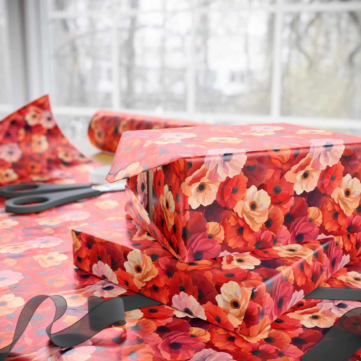 Coral Red Poppy Flower Wrapping Paper, Floral Gift Wrap