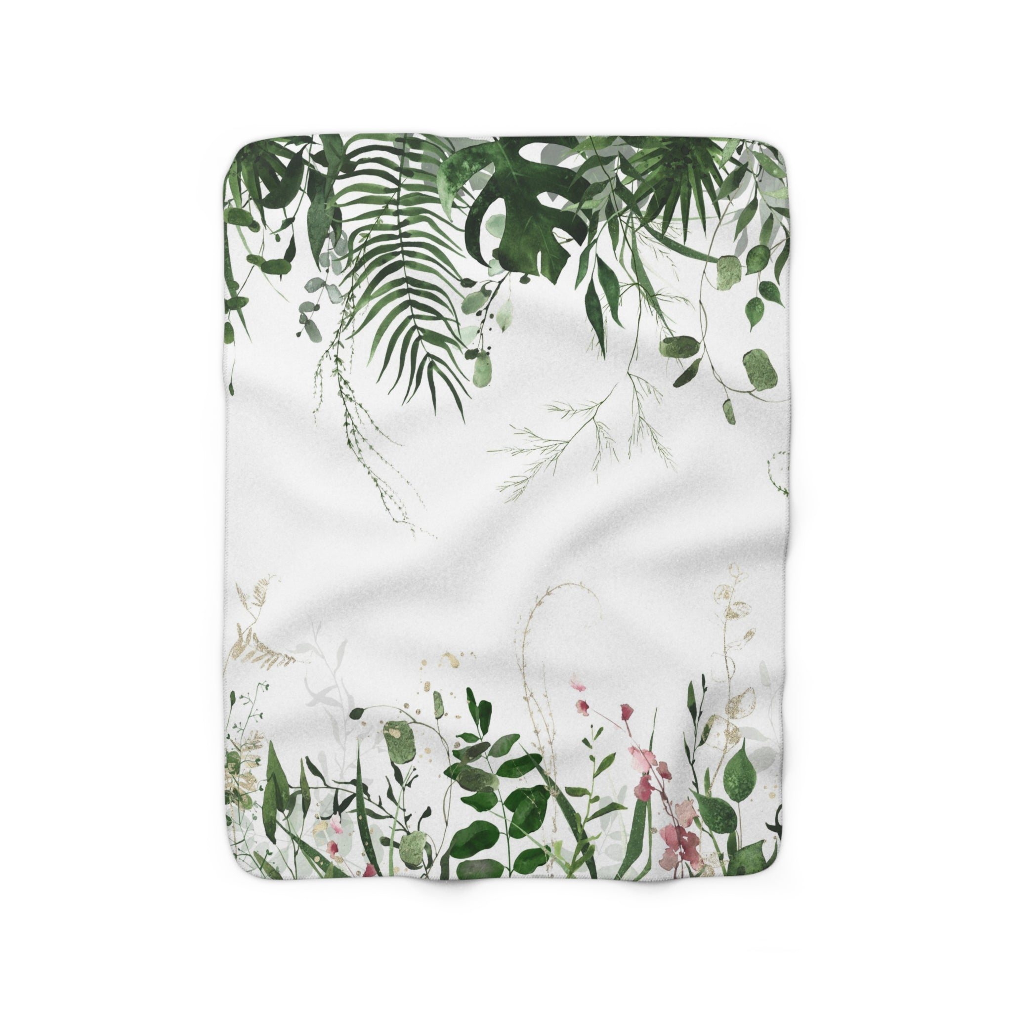 Floral Boho Comfy Blanket | White Green Monstera Leaves