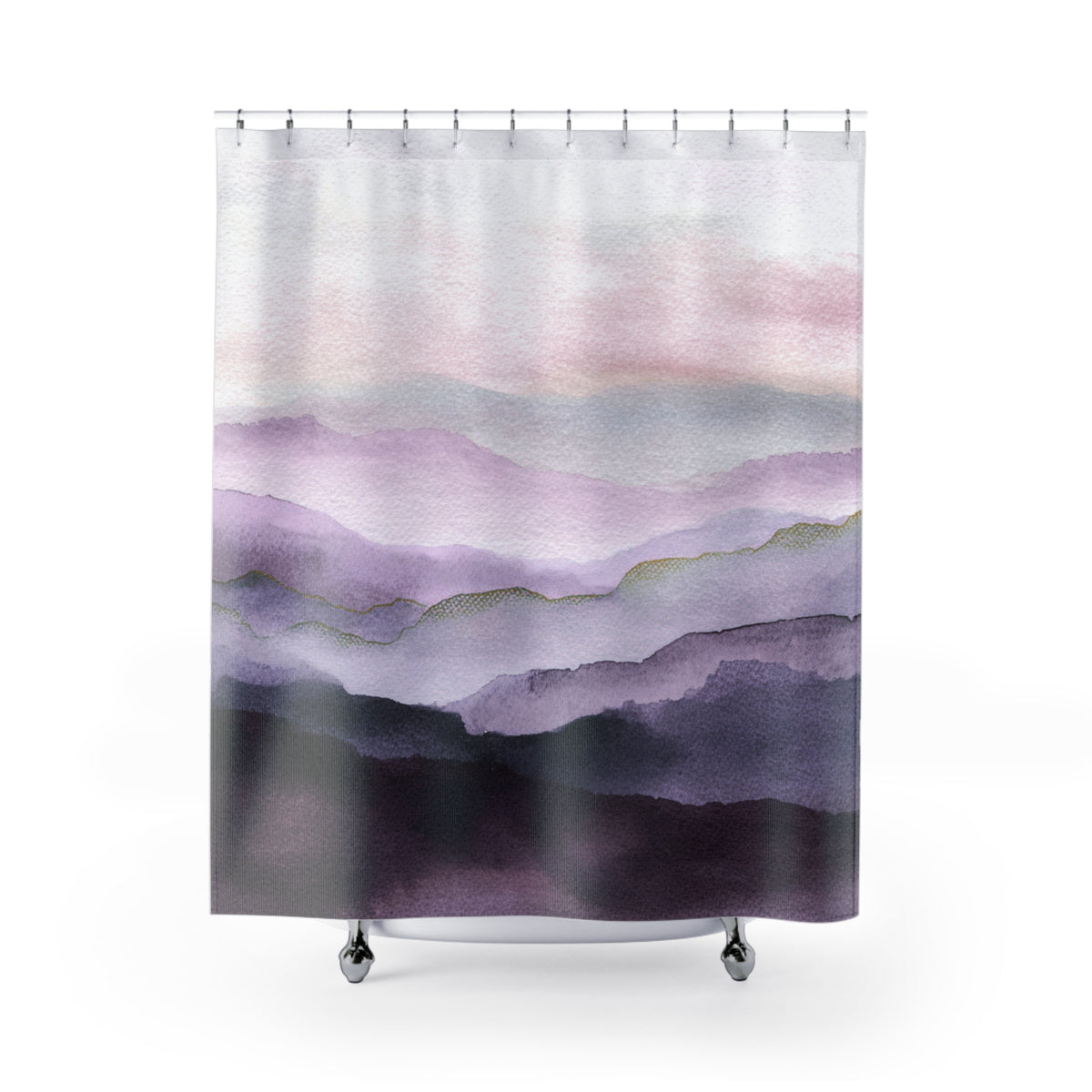 a shower curtain with a watercolor painting of a mountain range in shades of purple and pink.