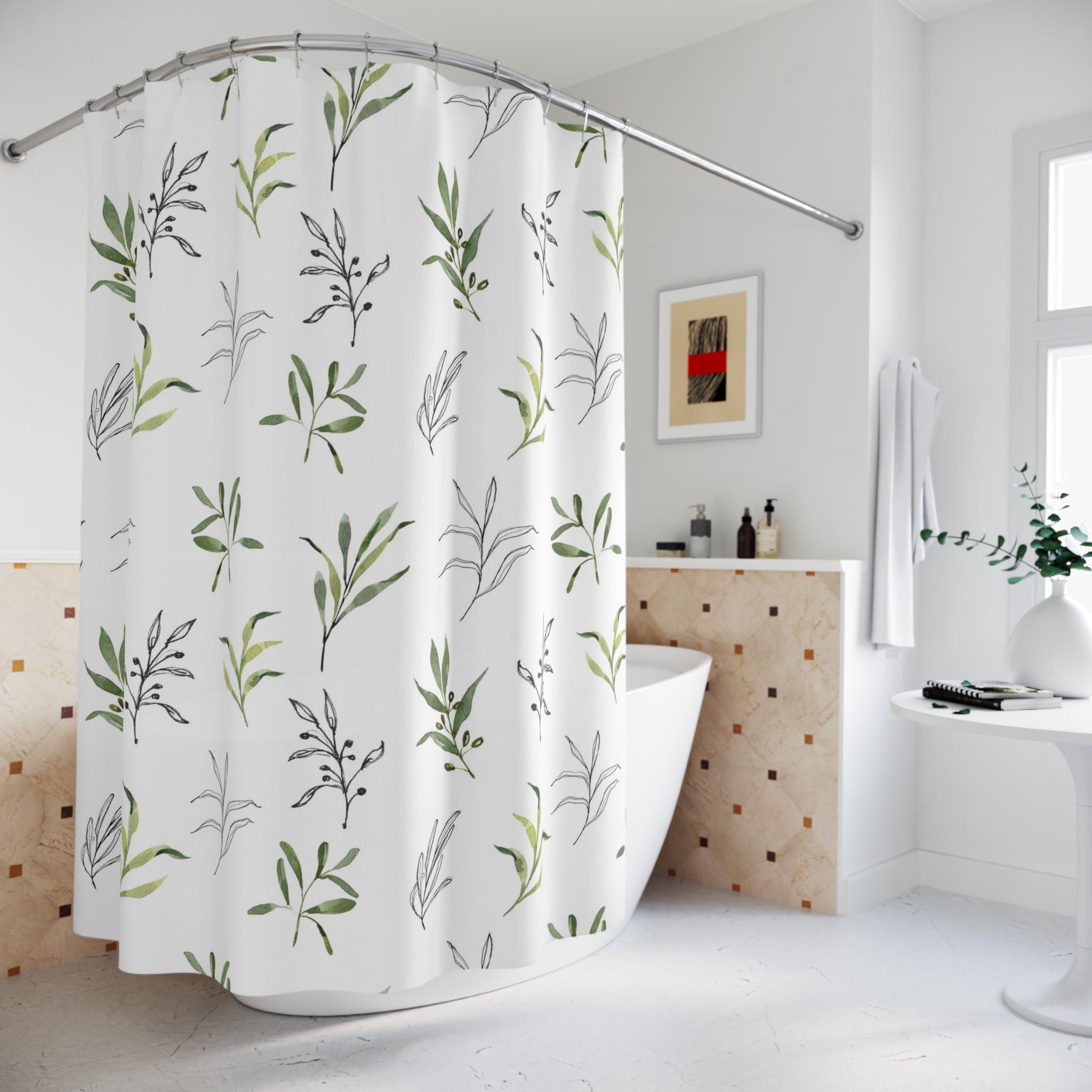 Boho Shower Curtain | Green White Black Line Art Leaves