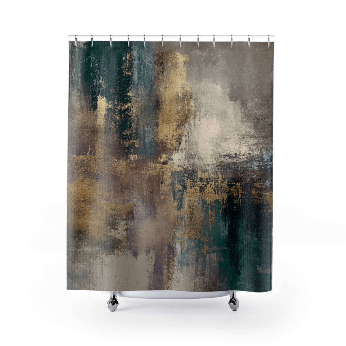 a shower curtain with a textured abstract painting design in shades of brown, green, and gray.