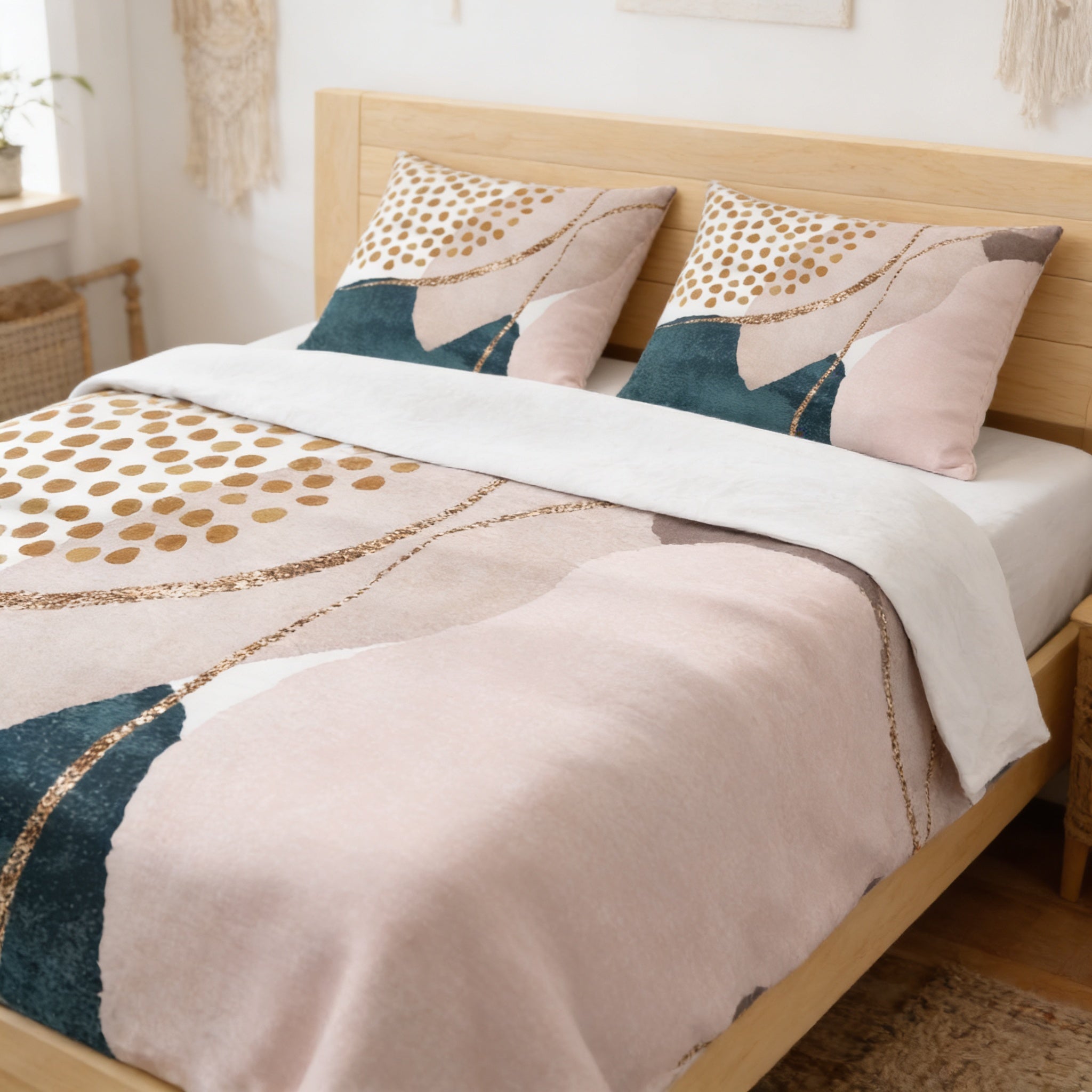 a bedroom with a bed featuring a pink and white patterned comforter and matching pillows. The bed is set against a white wall, and there is a window in the background.