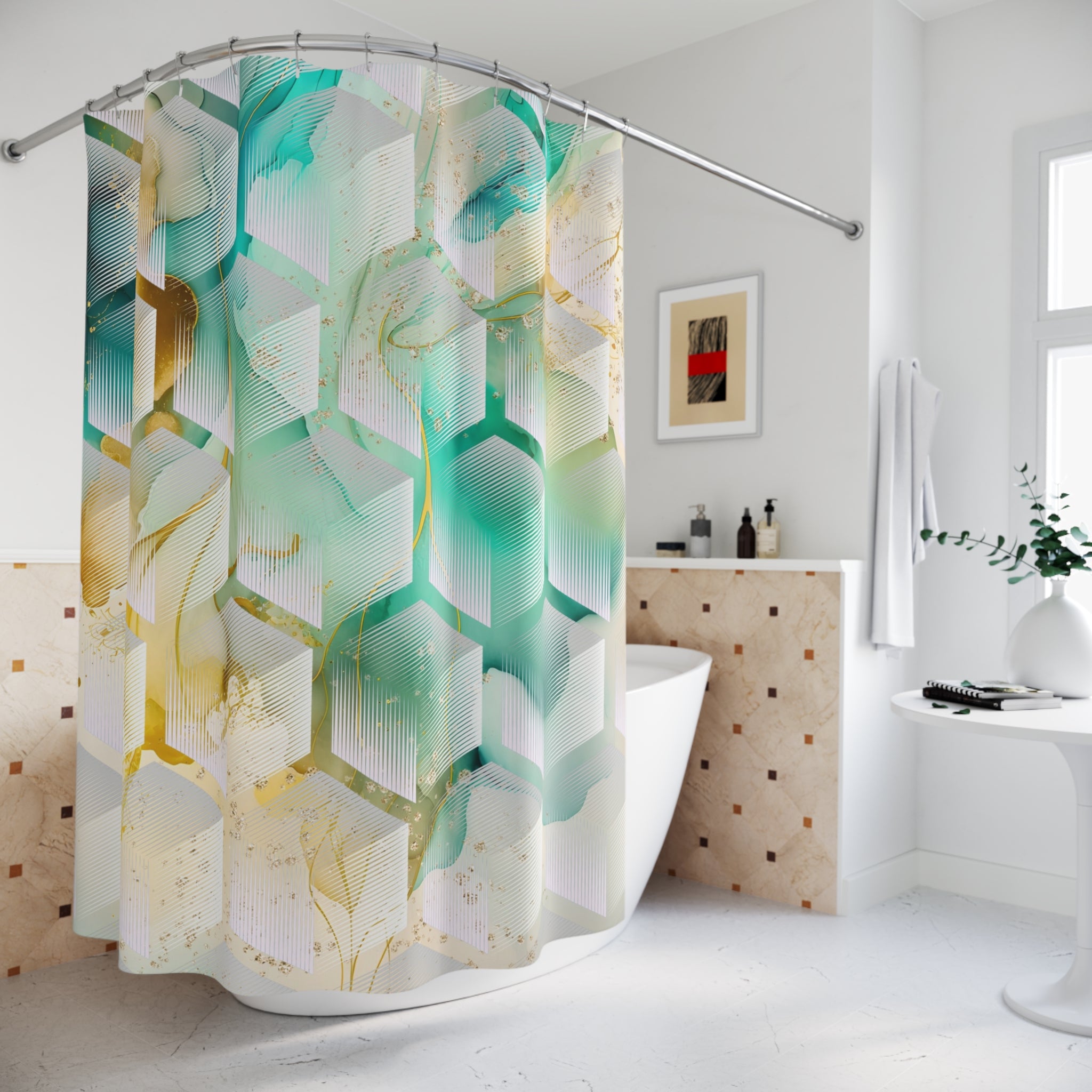 Teal Green Shower Curtain | Geometric, White Gold Beige