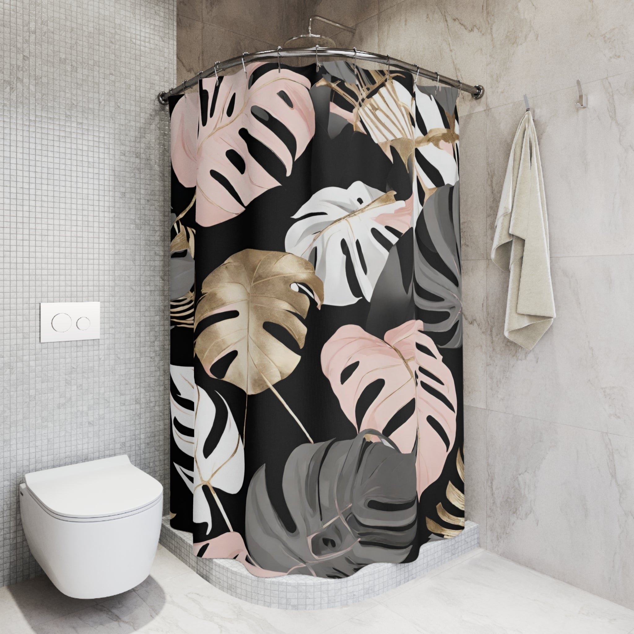 Black Floral Shower Curtain | Blush Pink White Leaves Bathroom