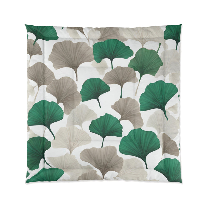 Floral Comforter | Emerald Green, Taupe, White, Gingko Leaves