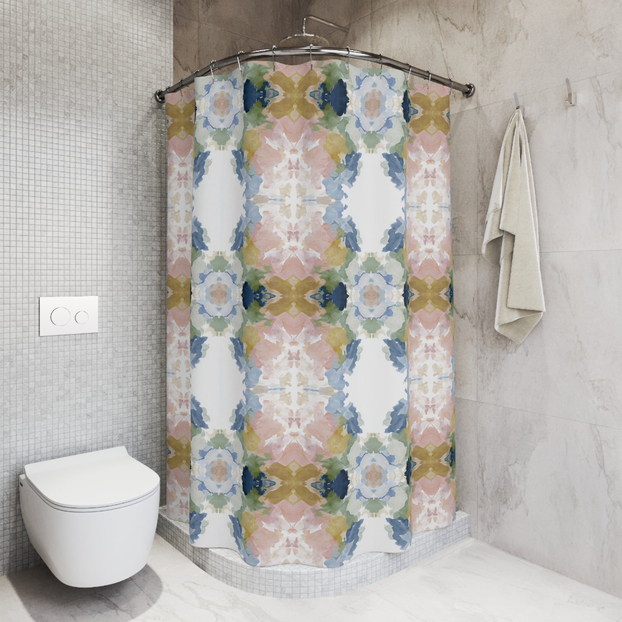 a bathroom with a colorful shower curtain featuring a repeating pattern of flowers and leaves in various shades of pink, blue, and green. The shower area is equipped with a shower head and a towel rack.