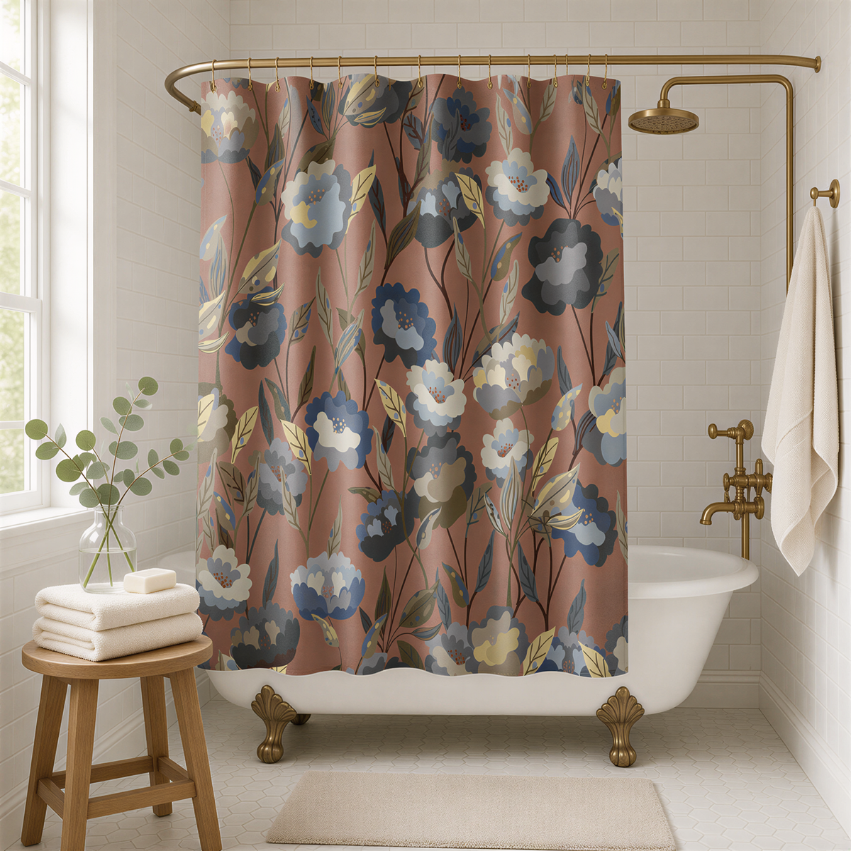 a bathroom with a white bathtub, a wooden stool, and a shower curtain with a floral pattern in shades of blue, green, and white.